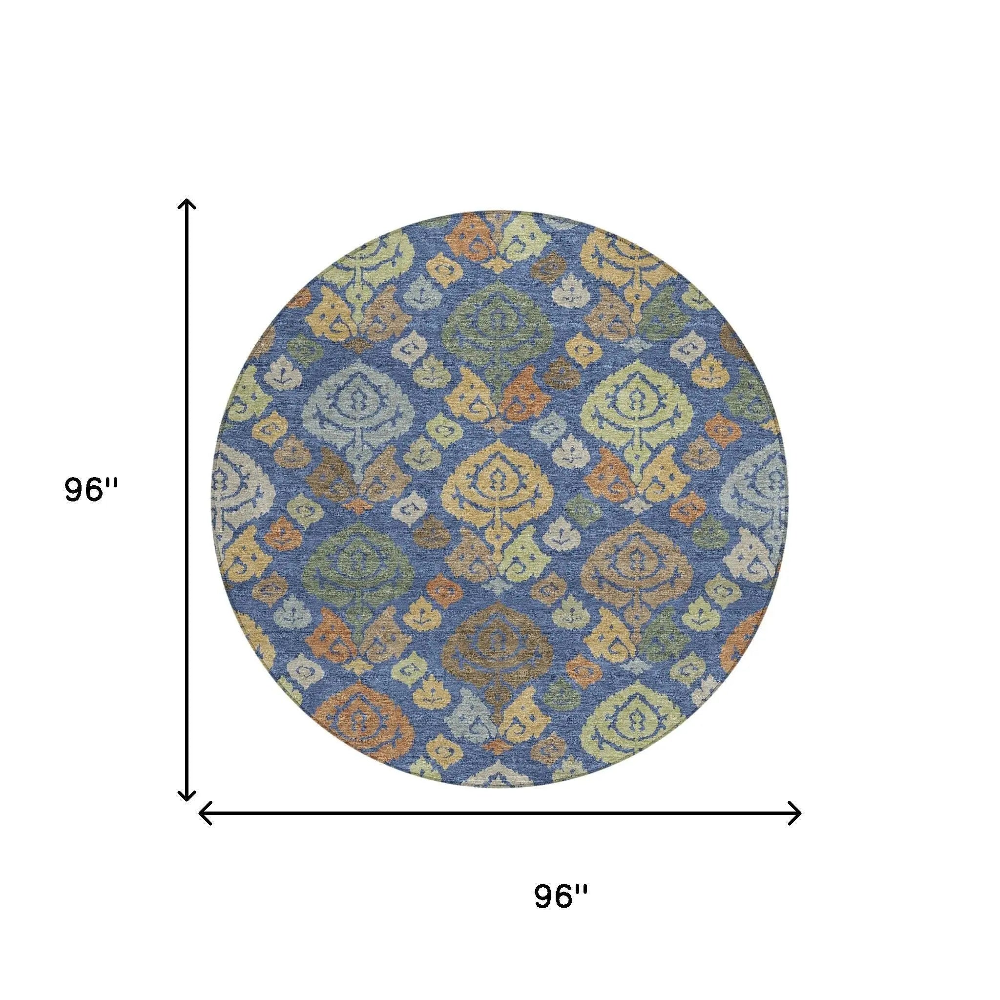 8' Navy Blue And Ivory Round Damask Washable Indoor Outdoor Area Rug Homeroots Outdoor