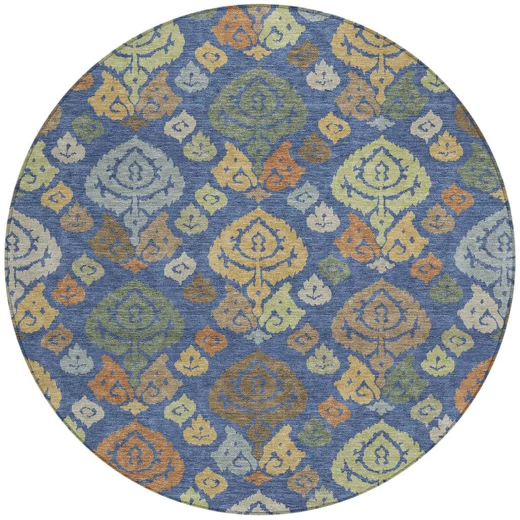 8' Navy Blue And Ivory Round Damask Washable Indoor Outdoor Area Rug Homeroots Outdoor