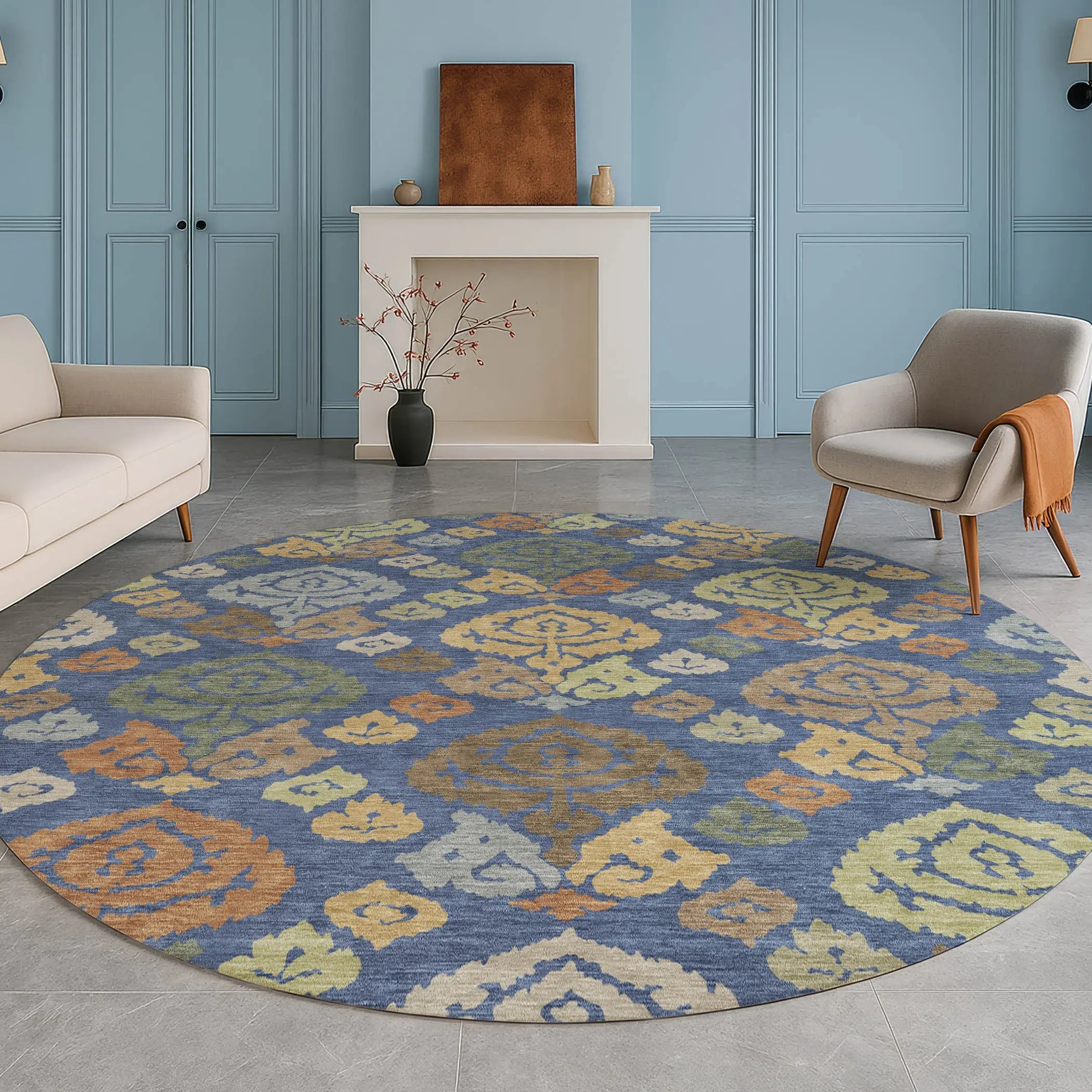 8' Navy Blue And Ivory Round Damask Washable Indoor Outdoor Area Rug Homeroots Outdoor