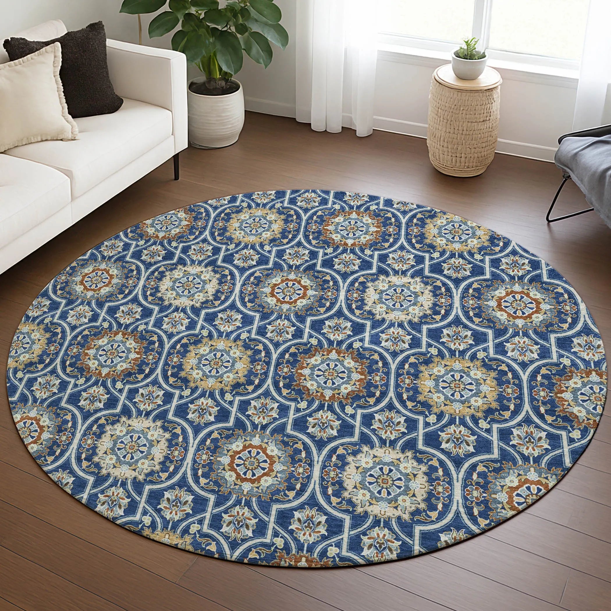 8' Navy Blue And Ivory Round Floral Medallion Washable Indoor Outdoor Area Rug Homeroots Outdoor