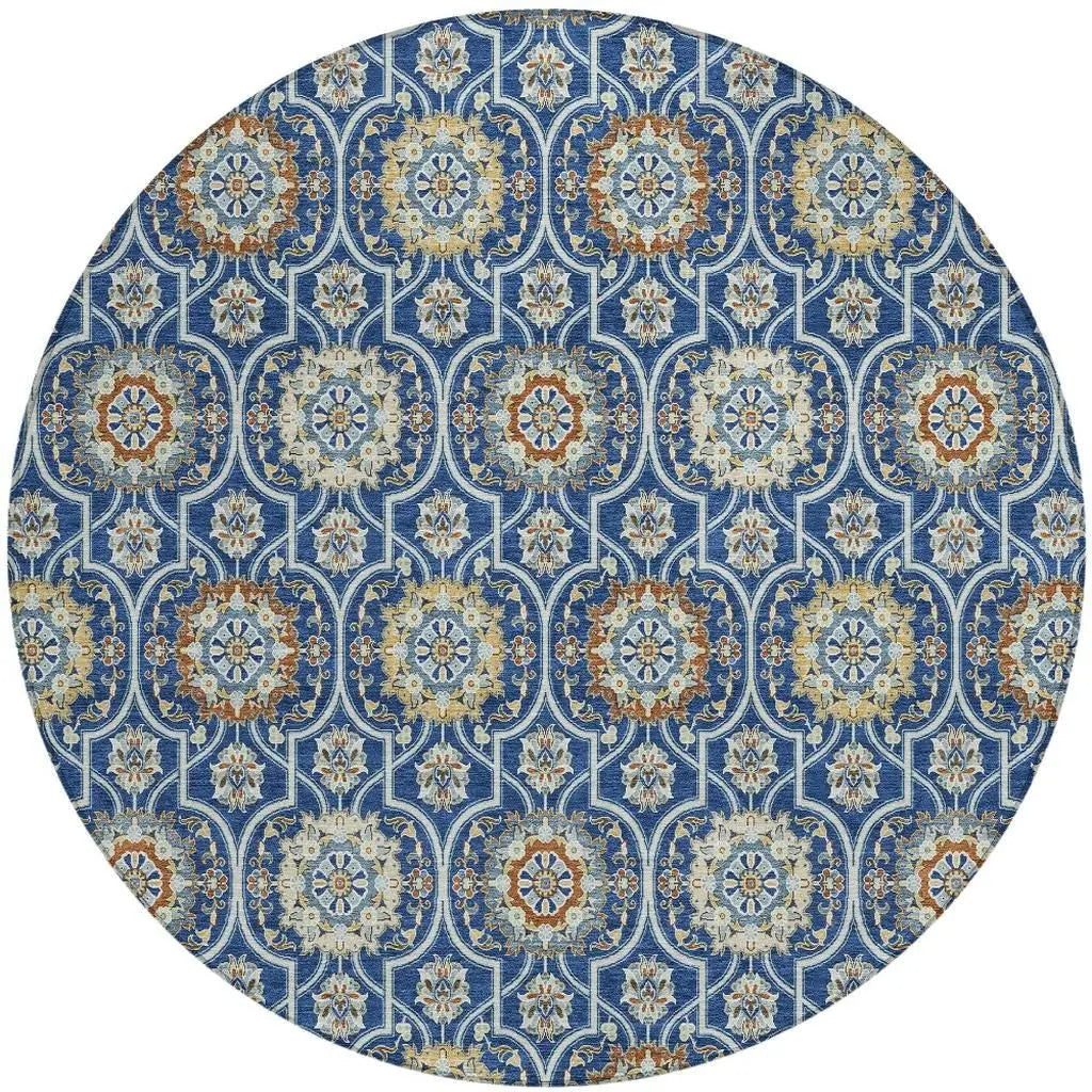 8' Navy Blue And Ivory Round Floral Medallion Washable Indoor Outdoor Area Rug Homeroots Outdoor