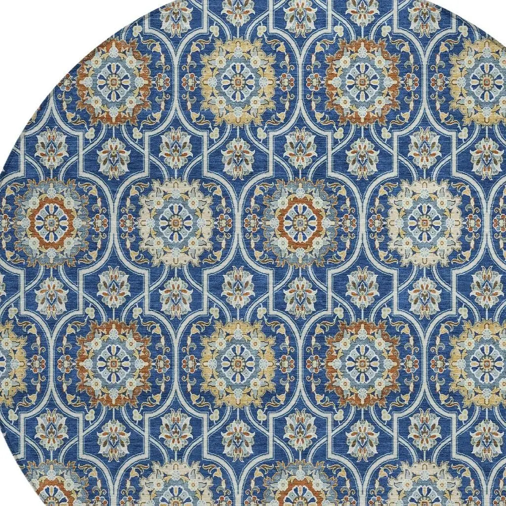 8' Navy Blue And Ivory Round Floral Medallion Washable Indoor Outdoor Area Rug Homeroots Outdoor