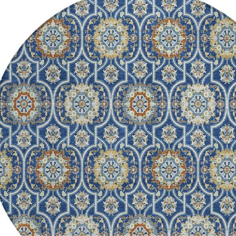8' Navy Blue And Ivory Round Floral Medallion Washable Indoor Outdoor Area Rug Homeroots Outdoor