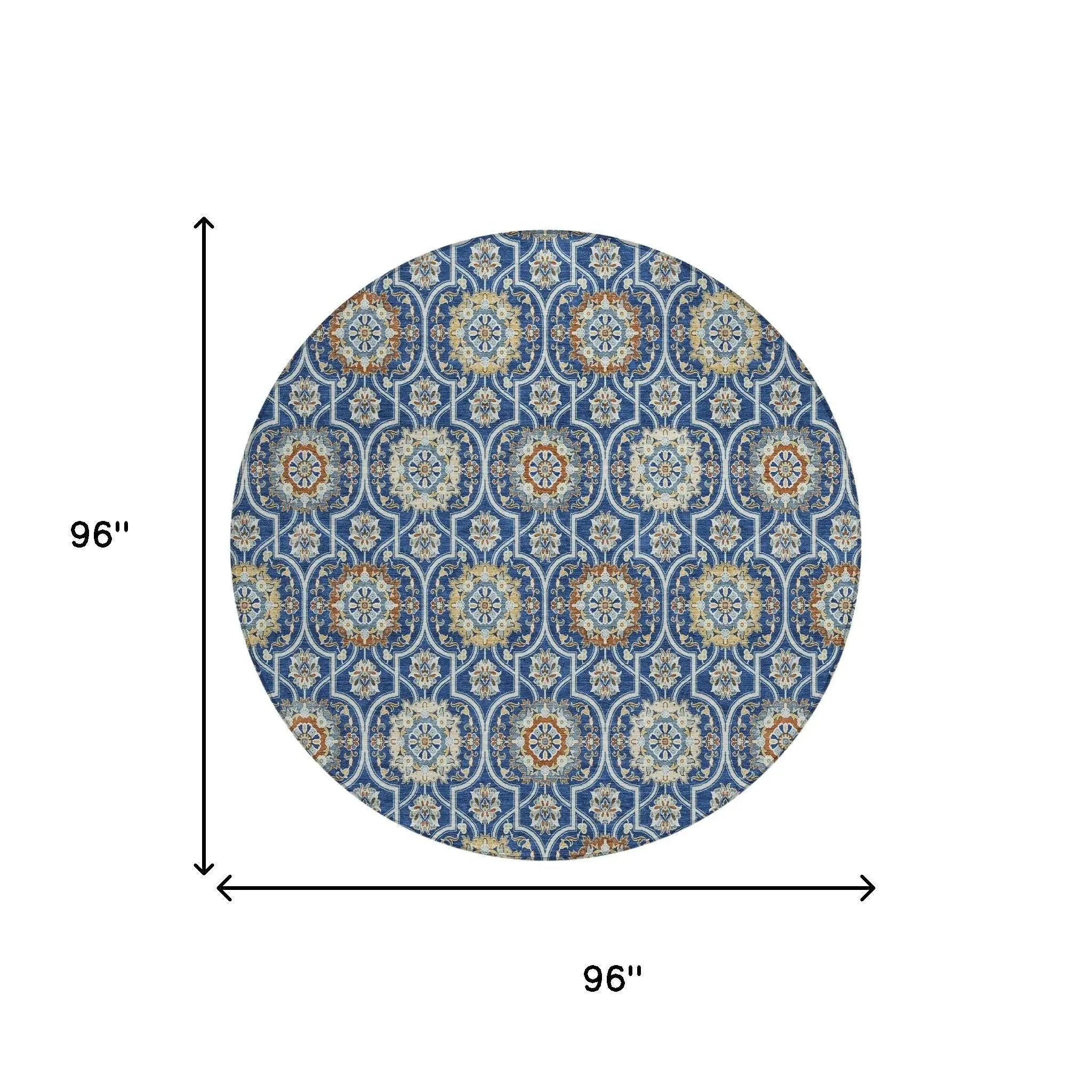 8' Navy Blue And Ivory Round Floral Medallion Washable Indoor Outdoor Area Rug Homeroots Outdoor