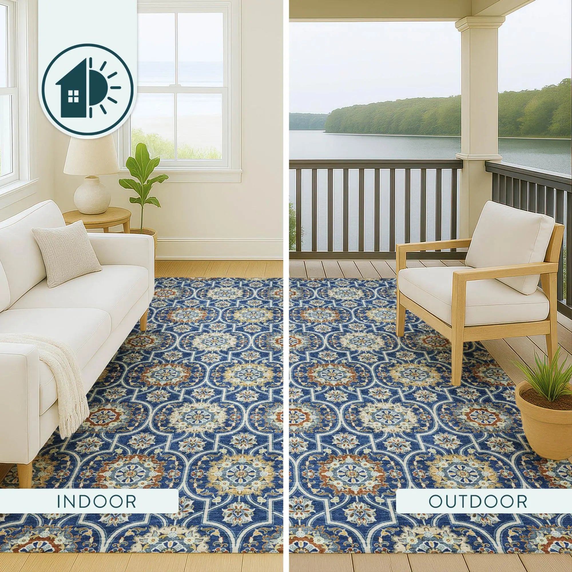 8' Navy Blue And Ivory Round Floral Medallion Washable Indoor Outdoor Area Rug Homeroots Outdoor