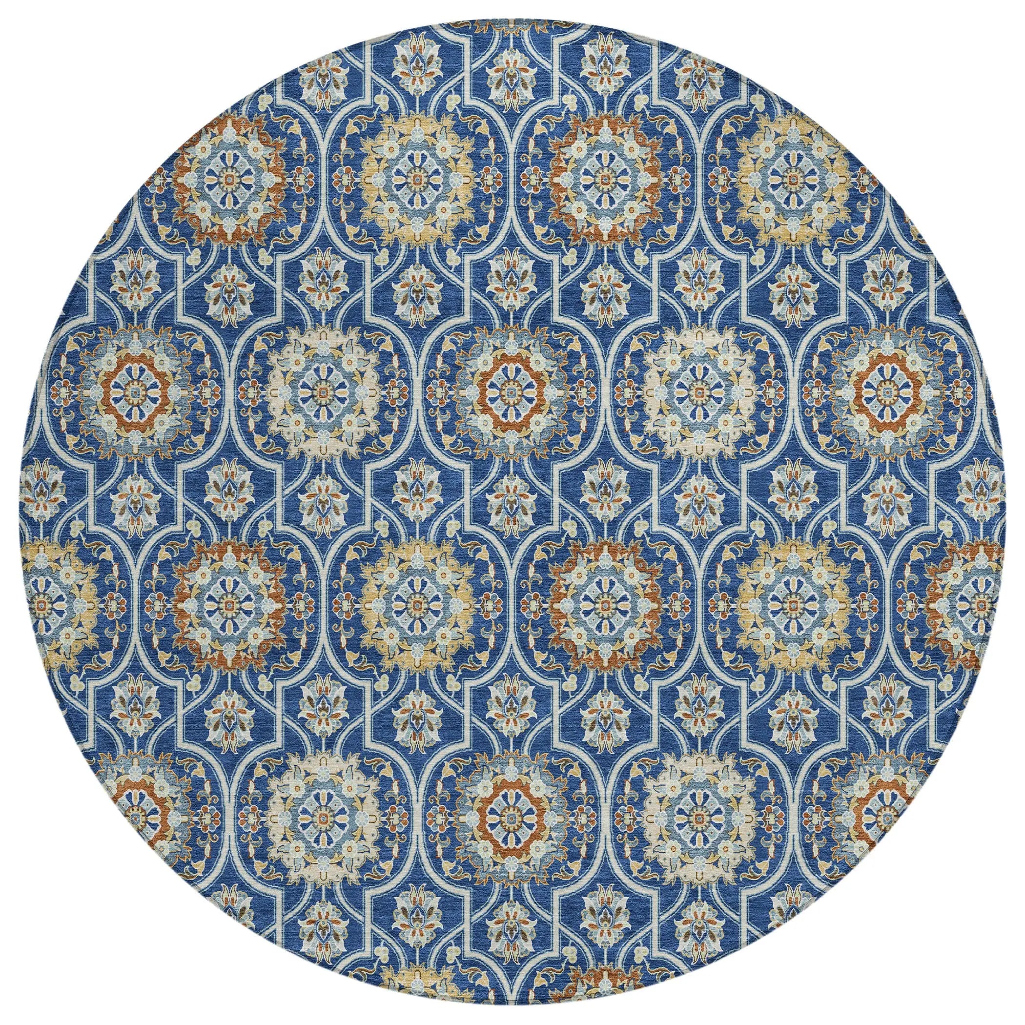 8' Navy Blue And Ivory Round Floral Medallion Washable Indoor Outdoor Area Rug Homeroots Outdoor