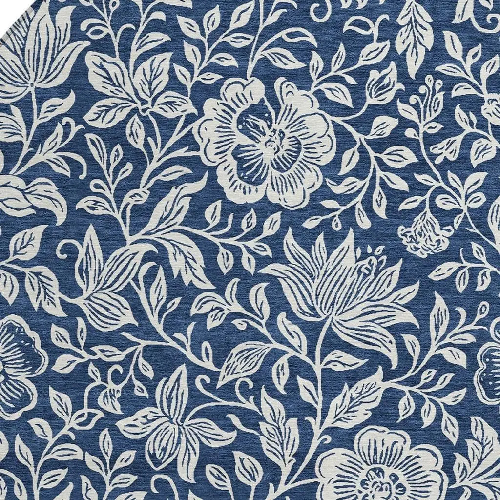 8' Navy Blue And Ivory Round Floral Washable Indoor Outdoor Area Rug Homeroots Outdoor