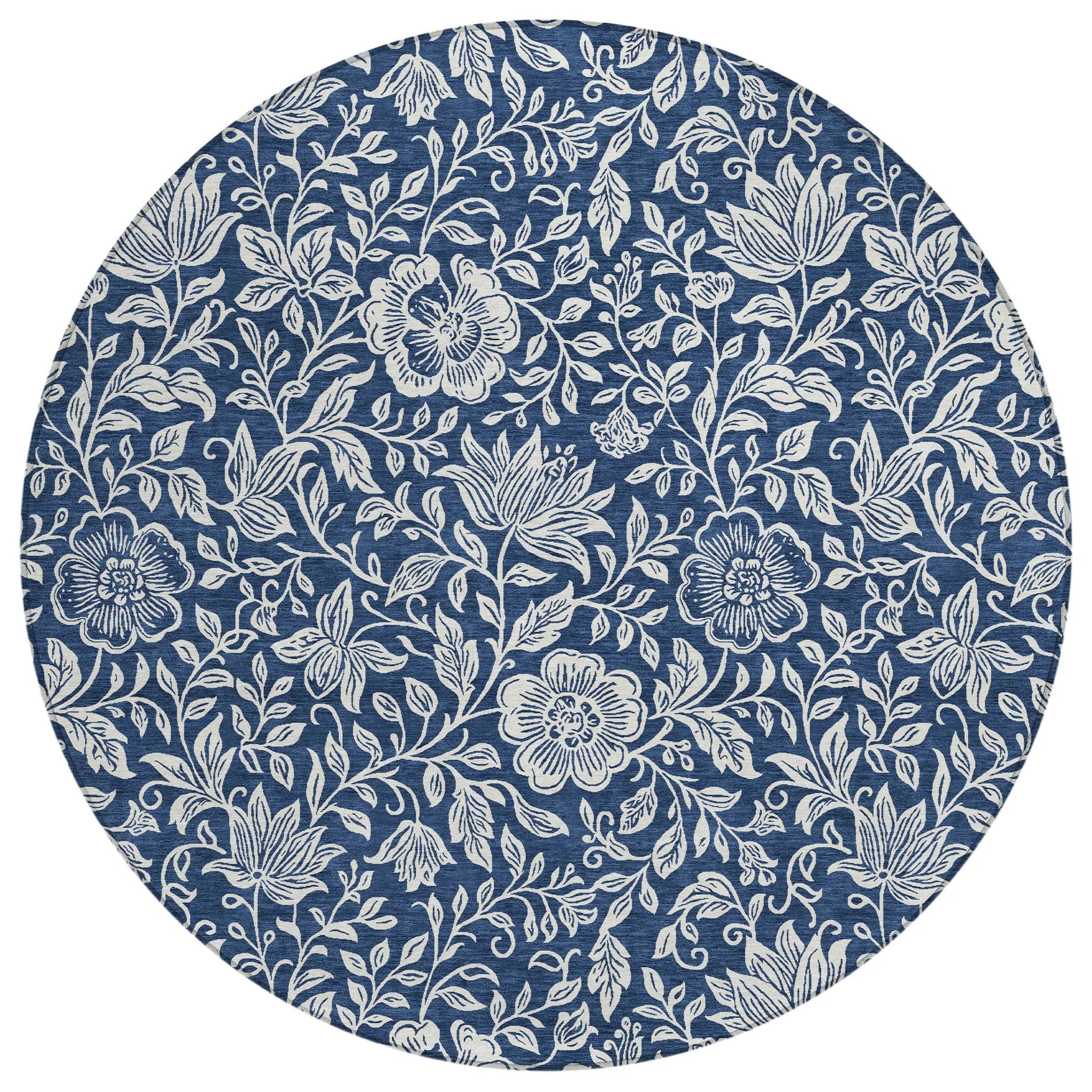 8' Navy Blue And Ivory Round Floral Washable Indoor Outdoor Area Rug Homeroots Outdoor