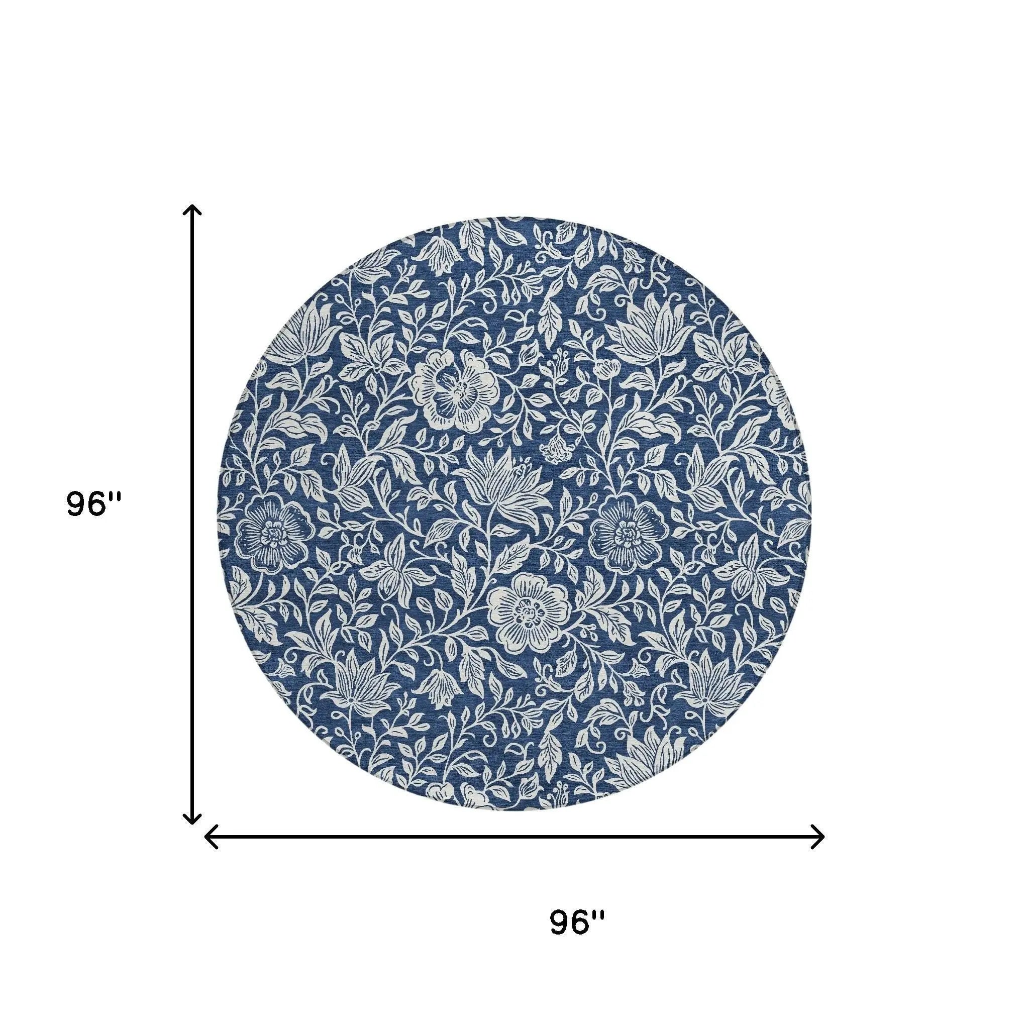 8' Navy Blue And Ivory Round Floral Washable Indoor Outdoor Area Rug Homeroots Outdoor