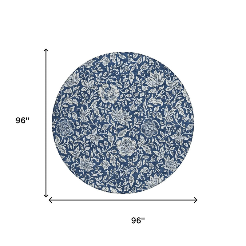 Navy blue round tablecloth featuring intricate floral patterns, measuring 96 inches in diameter, perfect for dining decor.