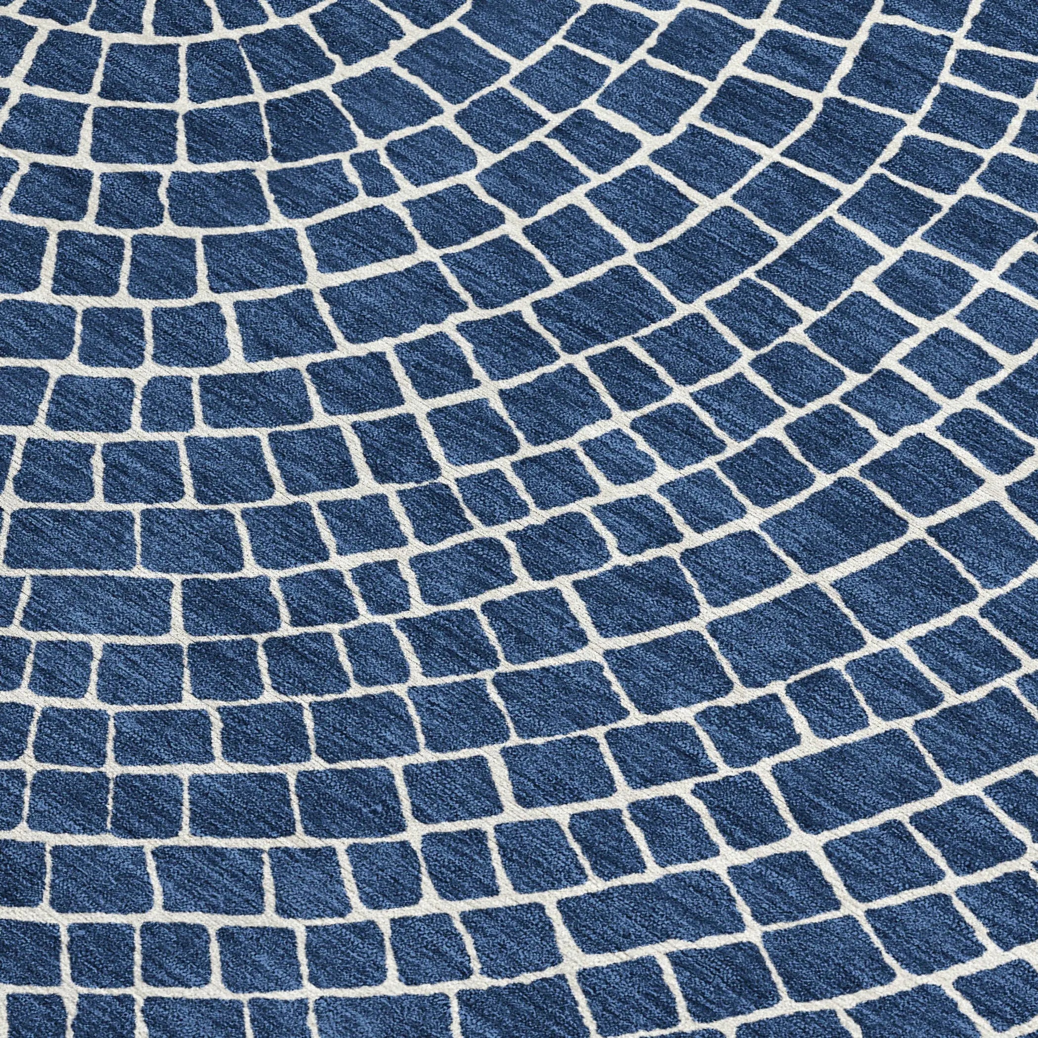 8' Navy Blue And Ivory Round Geometric Washable Indoor Outdoor Area Rug Homeroots Outdoor