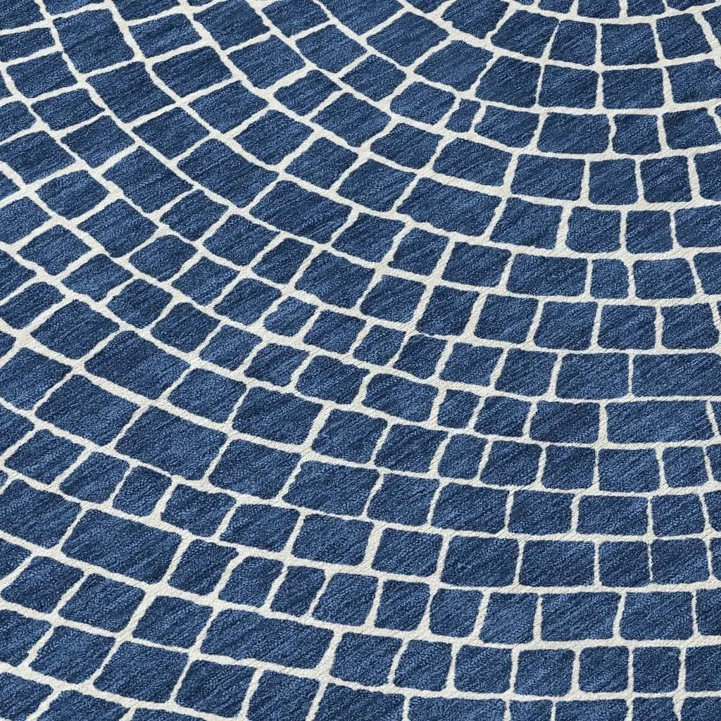 8' Navy Blue And Ivory Round Geometric Washable Indoor Outdoor Area Rug Homeroots Outdoor