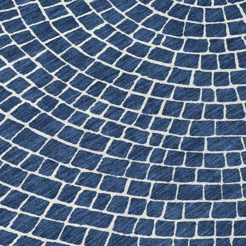 8' Navy Blue And Ivory Round Geometric Washable Indoor Outdoor Area Rug Homeroots Outdoor