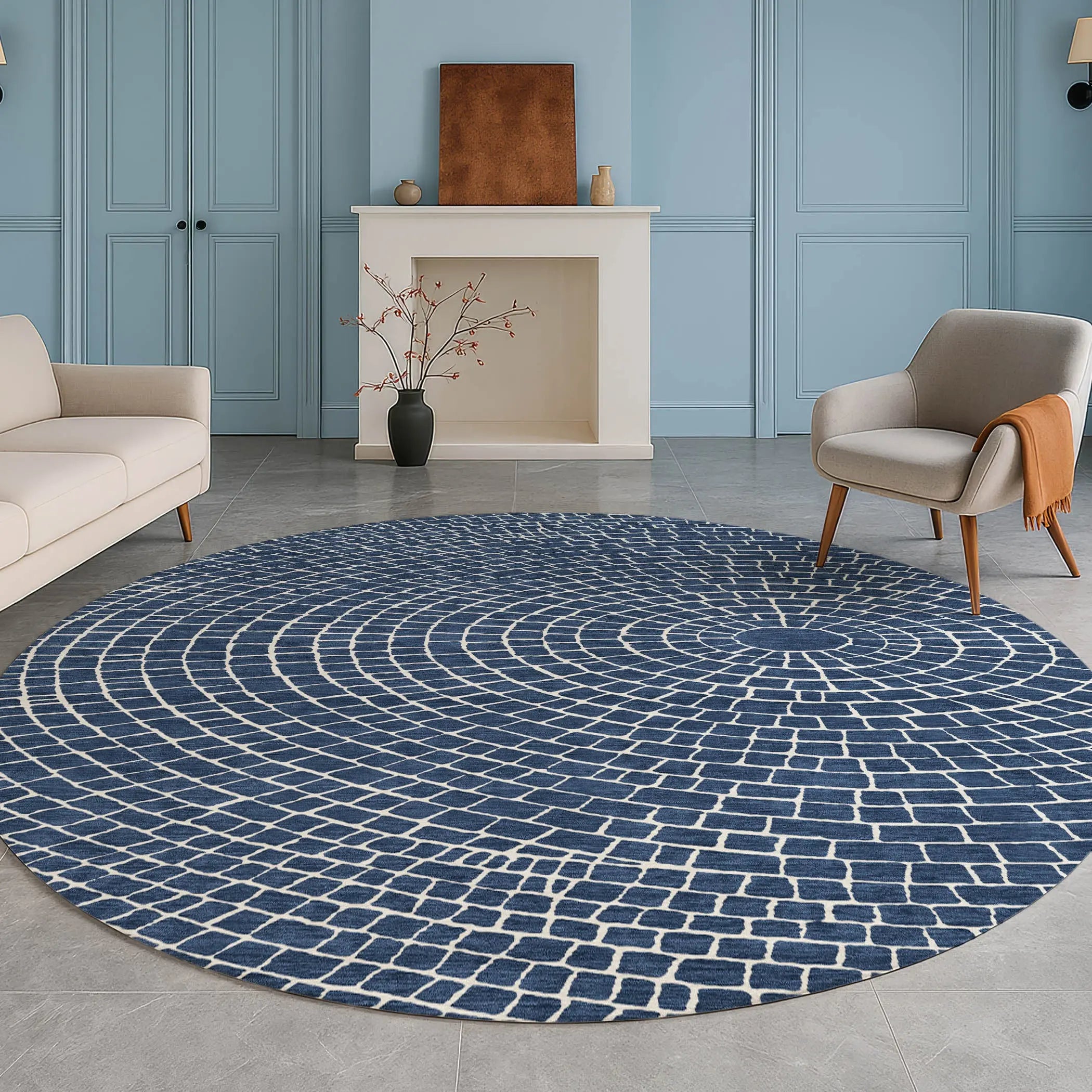 8' Navy Blue And Ivory Round Geometric Washable Indoor Outdoor Area Rug Homeroots Outdoor