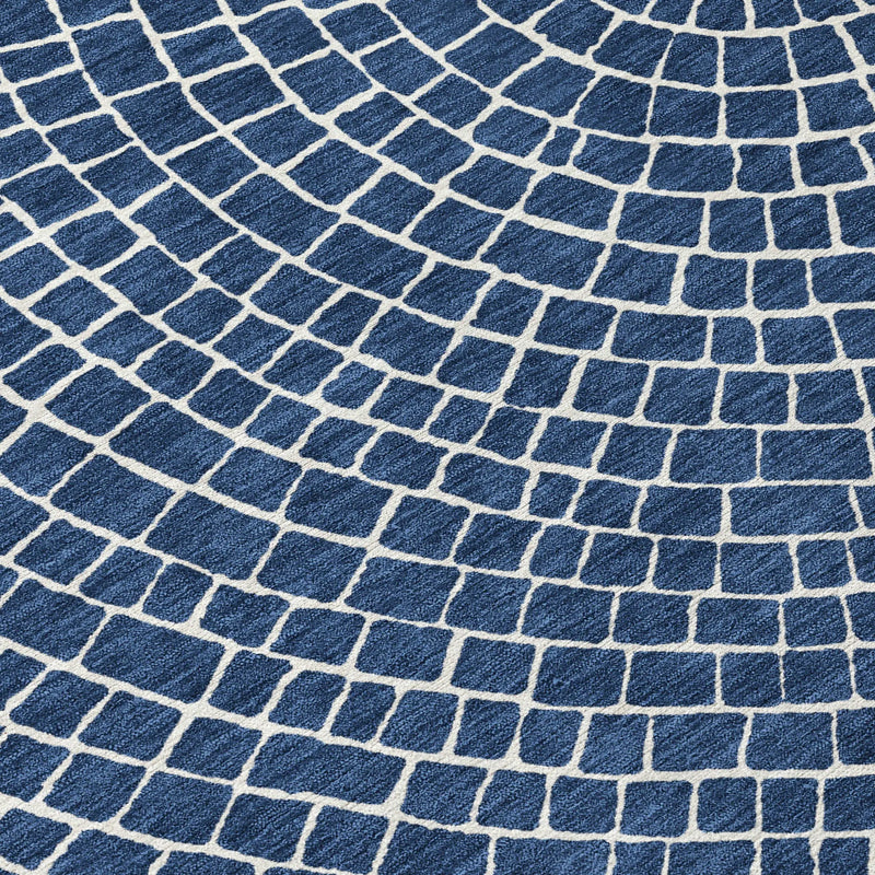 8' Navy Blue And Ivory Round Geometric Washable Indoor Outdoor Area Rug Homeroots Outdoor