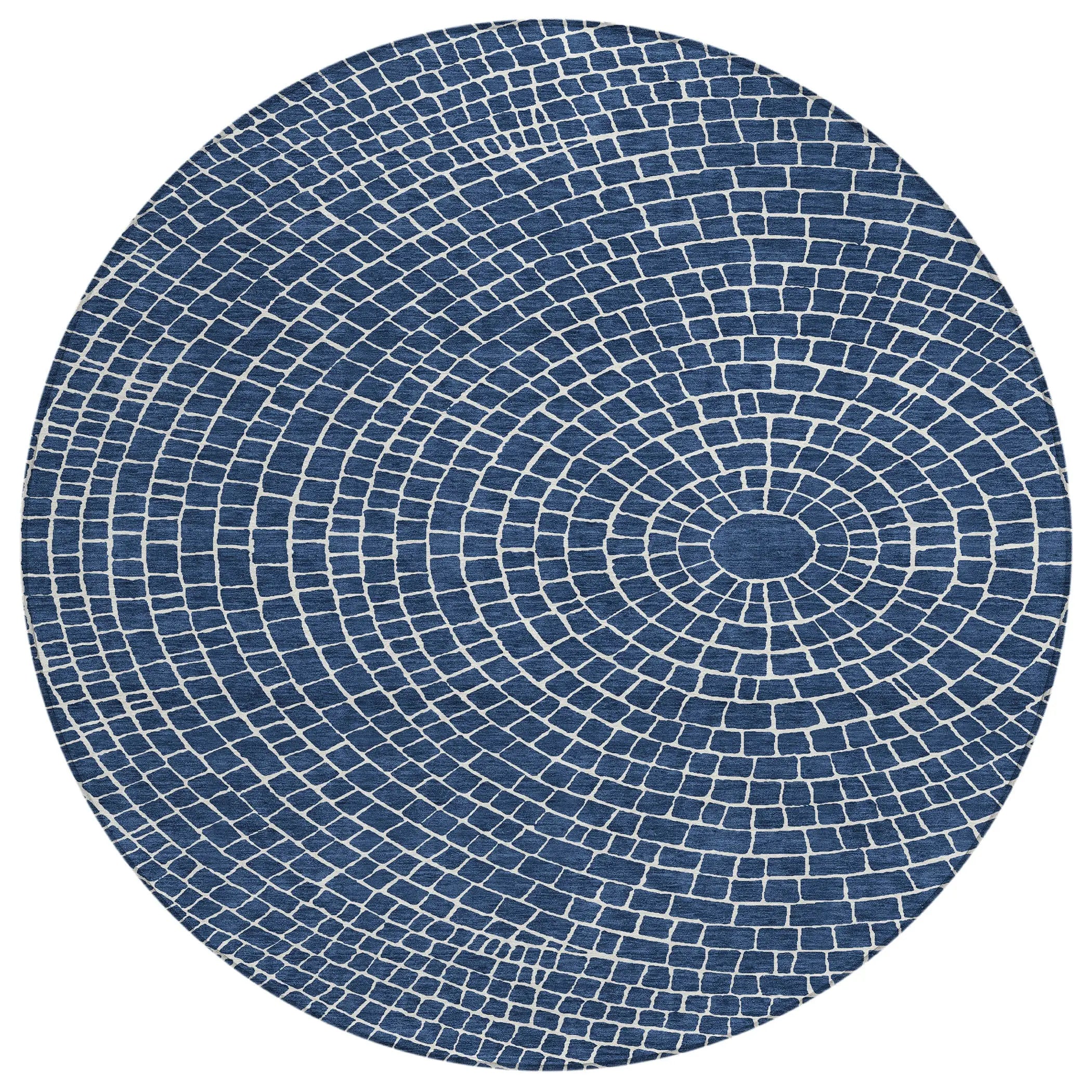 8' Navy Blue And Ivory Round Geometric Washable Indoor Outdoor Area Rug Homeroots Outdoor