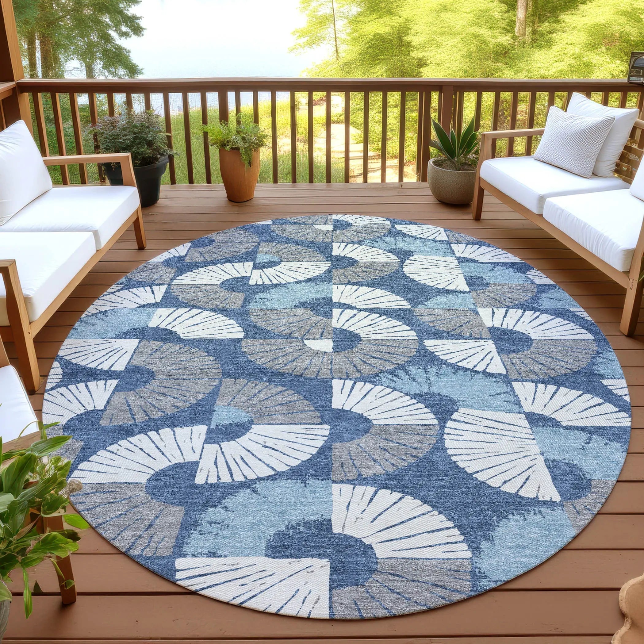 8' Navy Blue And Ivory Round Geometric Washable Indoor Outdoor Area Rug Homeroots Outdoor