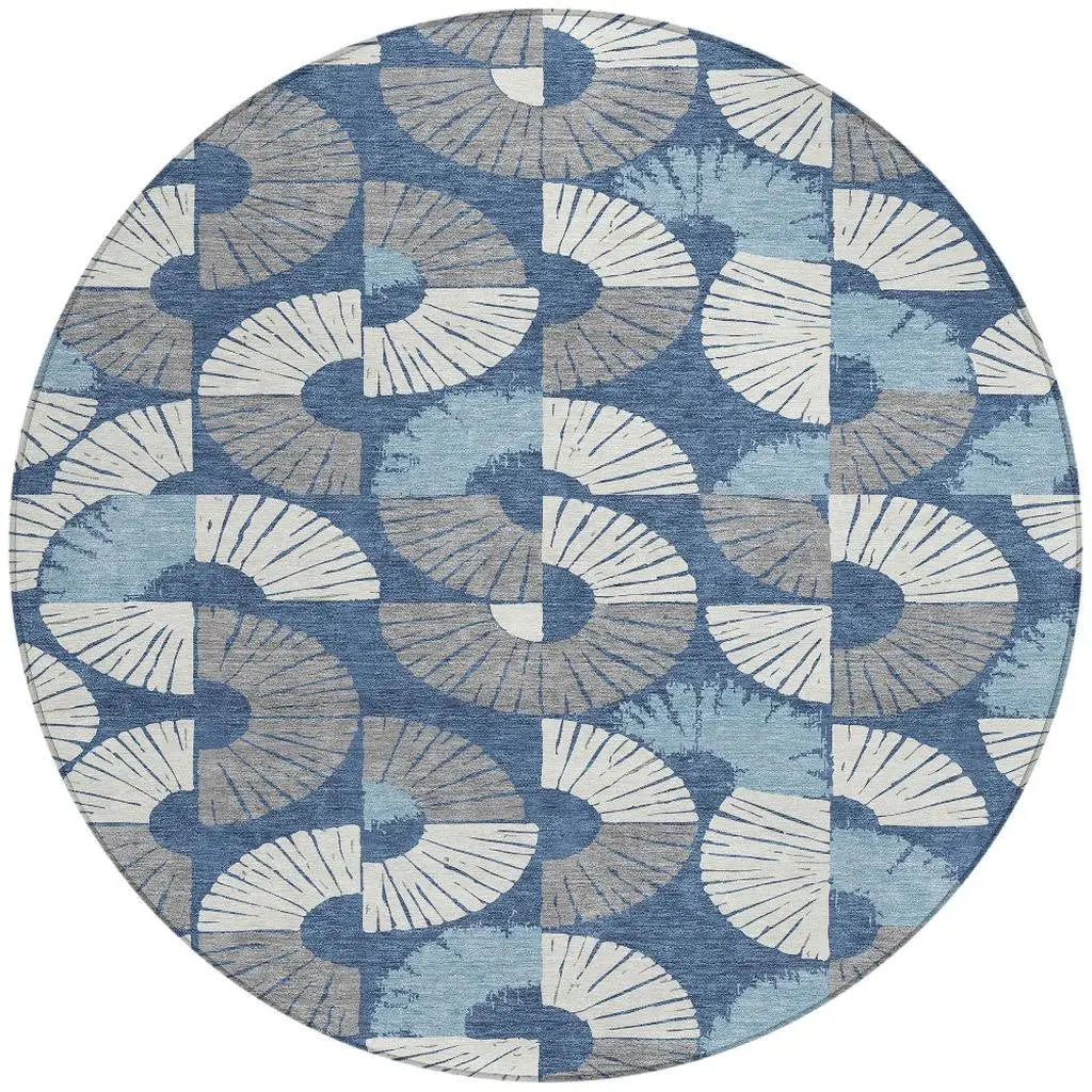 8' Navy Blue And Ivory Round Geometric Washable Indoor Outdoor Area Rug Homeroots Outdoor