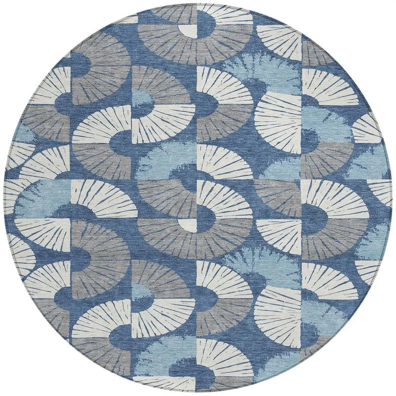 8' Navy Blue And Ivory Round Geometric Washable Indoor Outdoor Area Rug Homeroots Outdoor