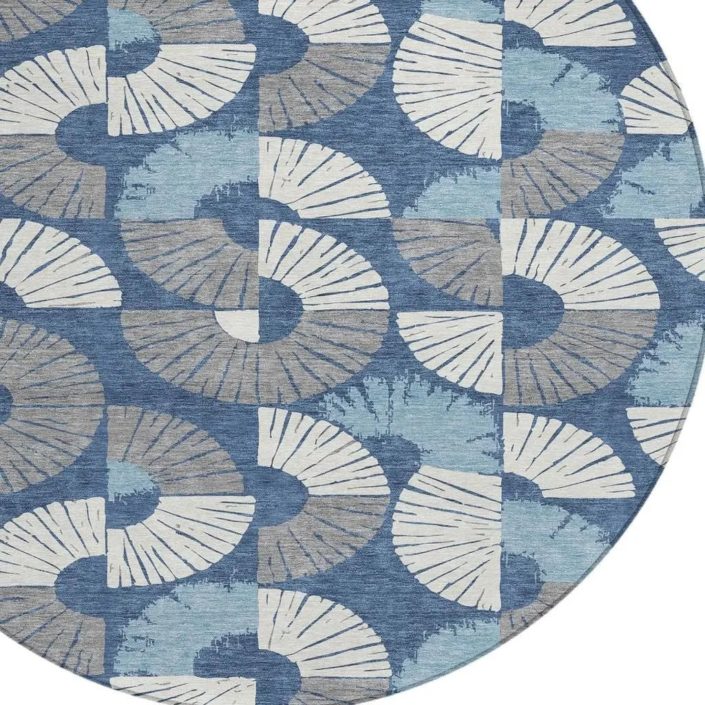 8' Navy Blue And Ivory Round Geometric Washable Indoor Outdoor Area Rug Homeroots Outdoor