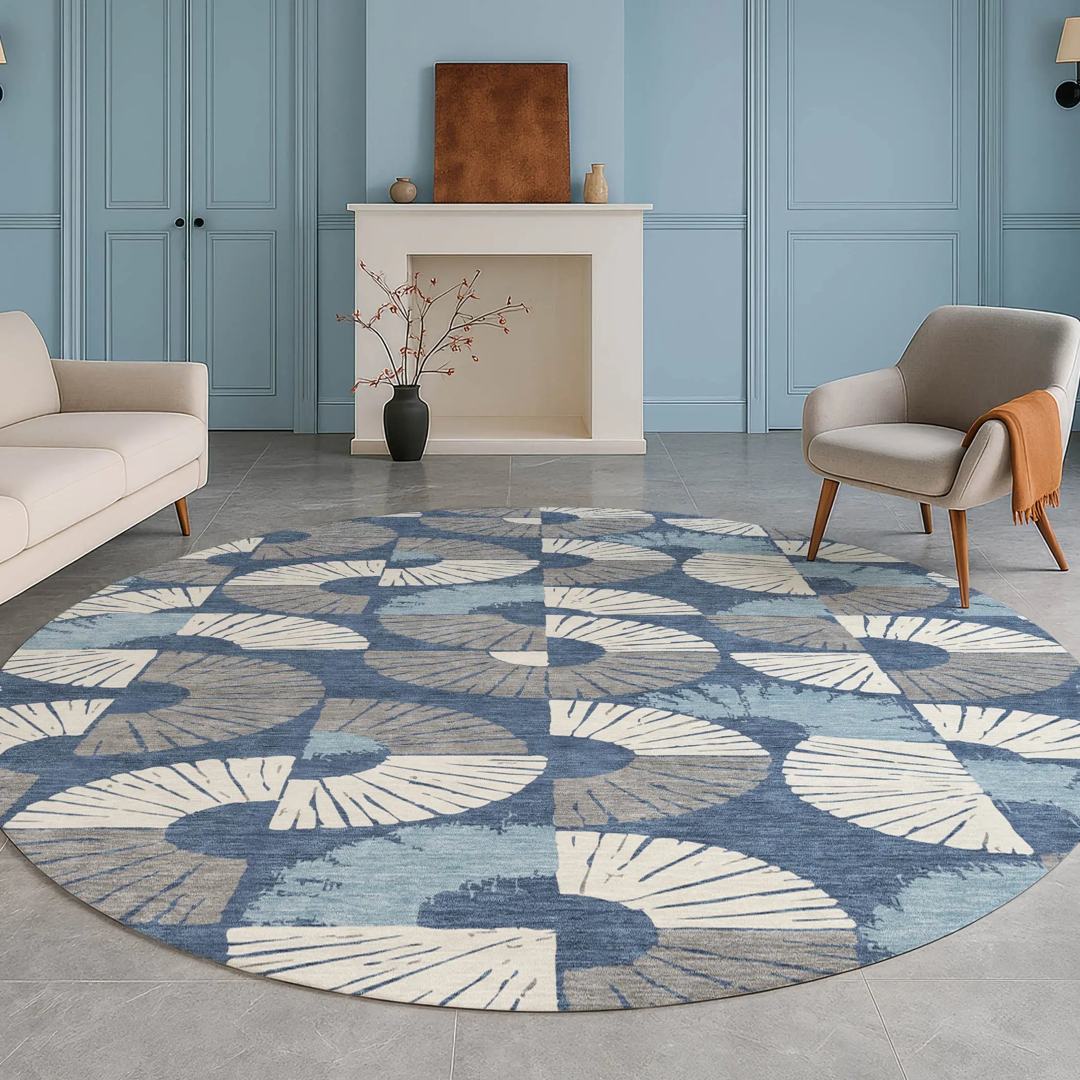 8' Navy Blue And Ivory Round Geometric Washable Indoor Outdoor Area Rug Homeroots Outdoor