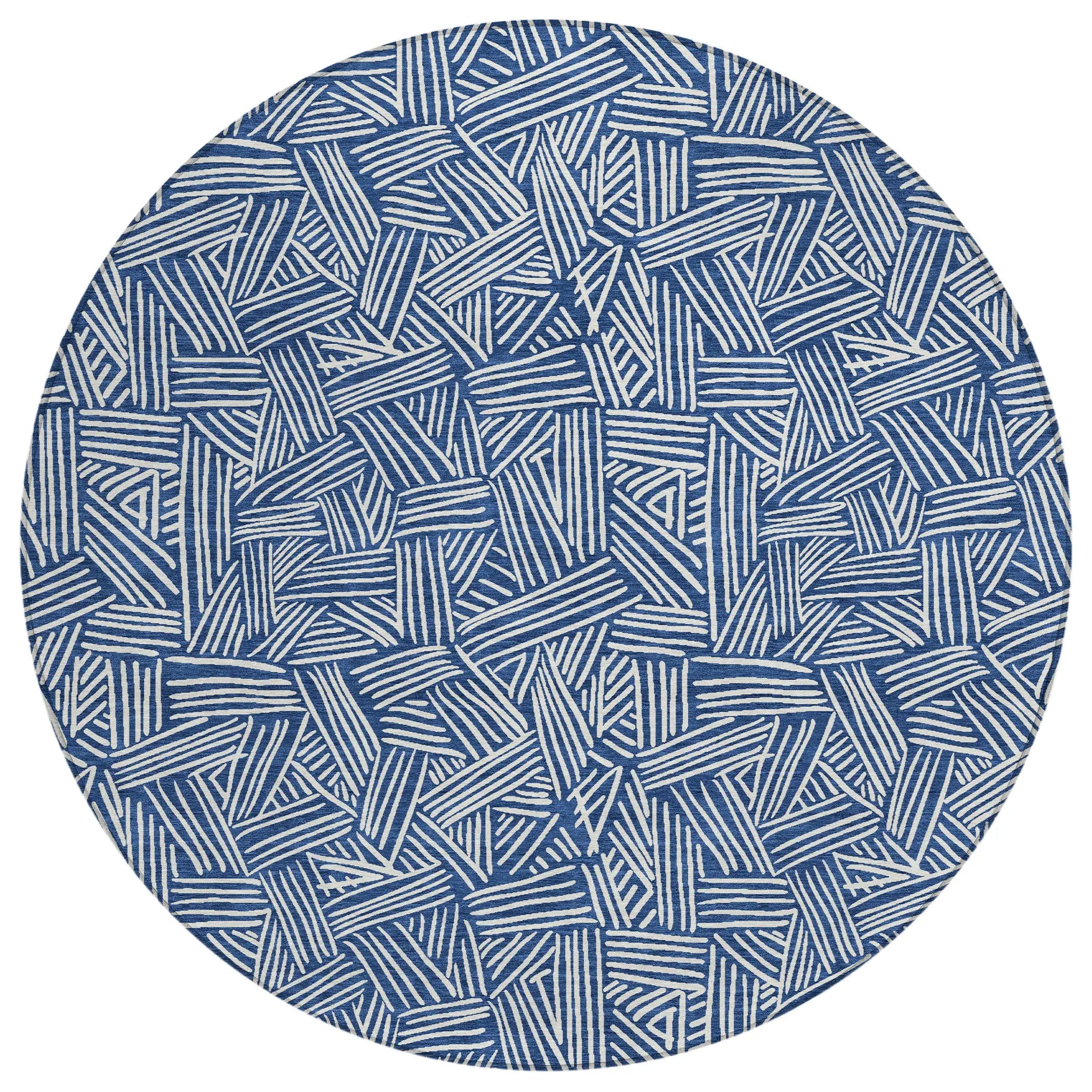 8' Navy Blue And Ivory Round Geometric Washable Indoor Outdoor Area Rug Homeroots Outdoor