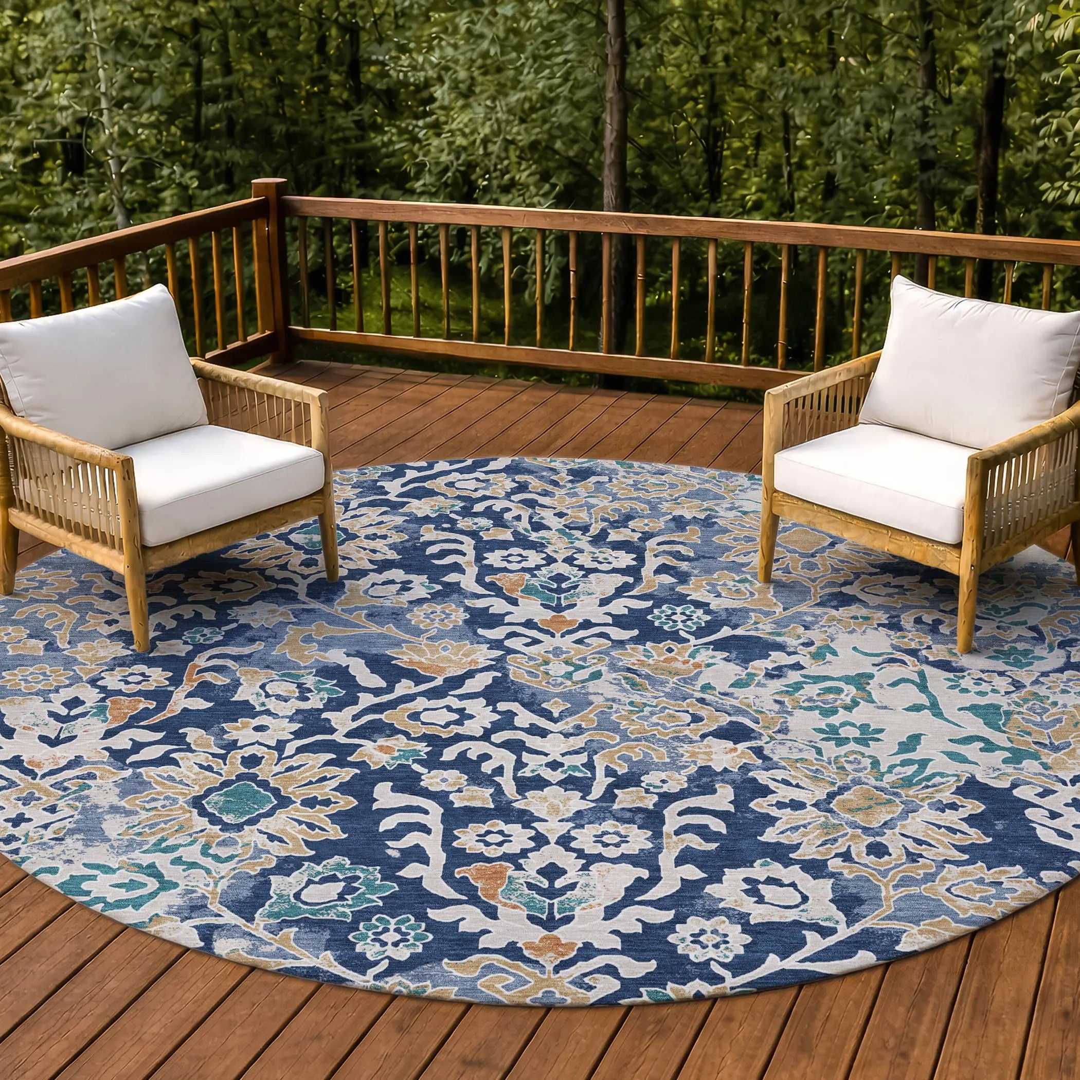 8' Navy Blue And Ivory Round Geometric Washable Indoor Outdoor Area Rug Homeroots Outdoor