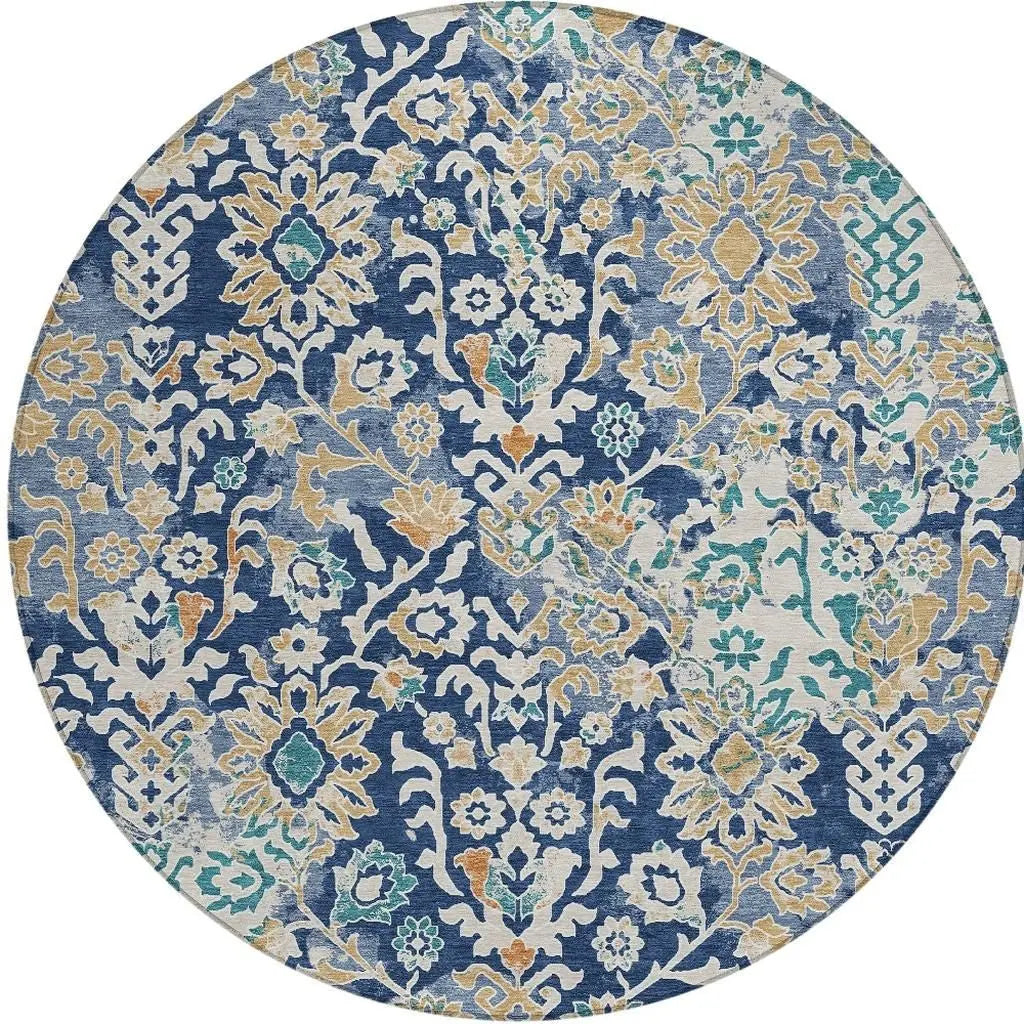8' Navy Blue And Ivory Round Geometric Washable Indoor Outdoor Area Rug Homeroots Outdoor