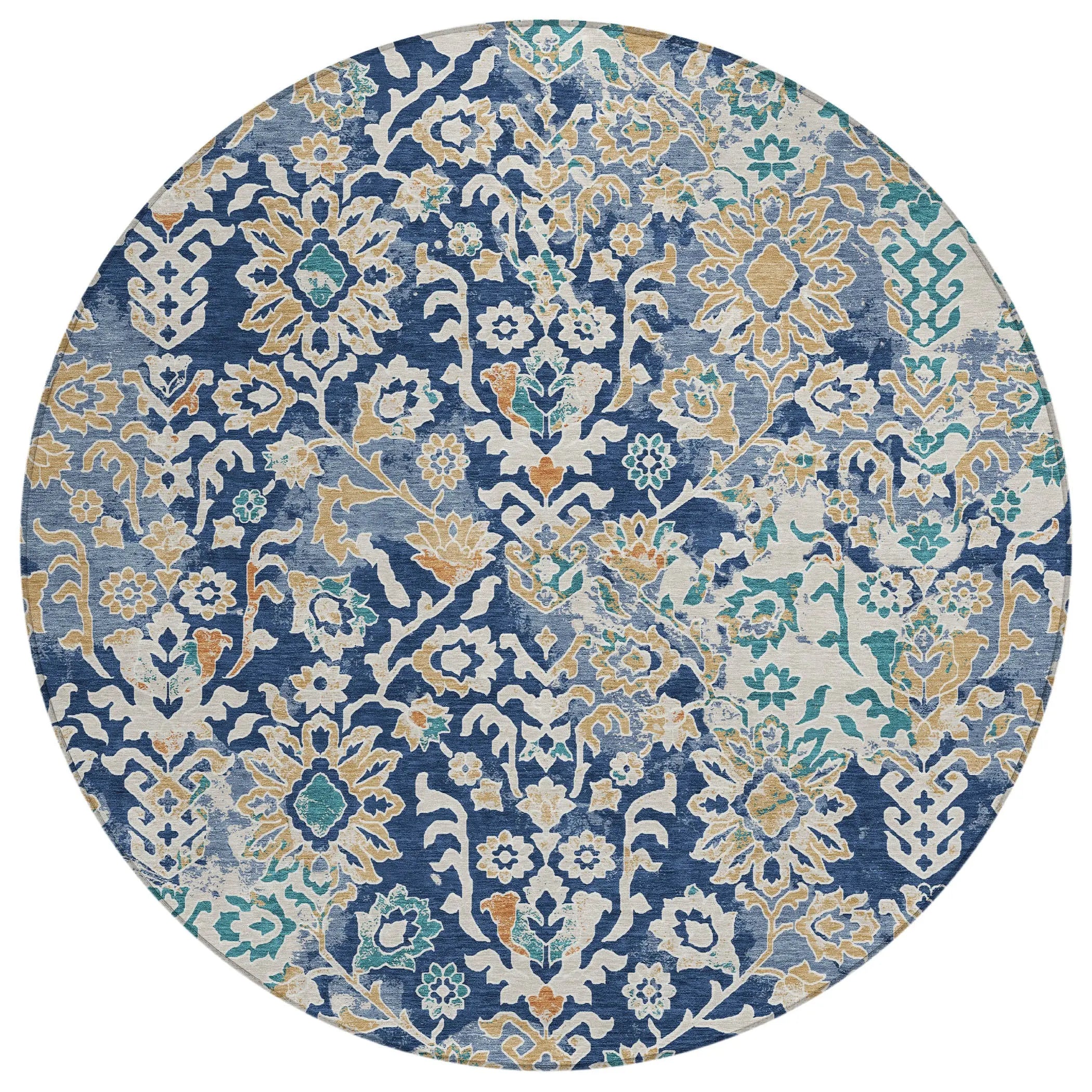 8' Navy Blue And Ivory Round Geometric Washable Indoor Outdoor Area Rug Homeroots Outdoor