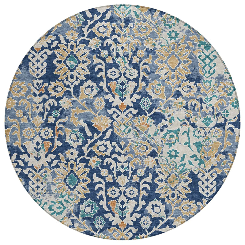 8' Navy Blue And Ivory Round Geometric Washable Indoor Outdoor Area Rug Homeroots Outdoor