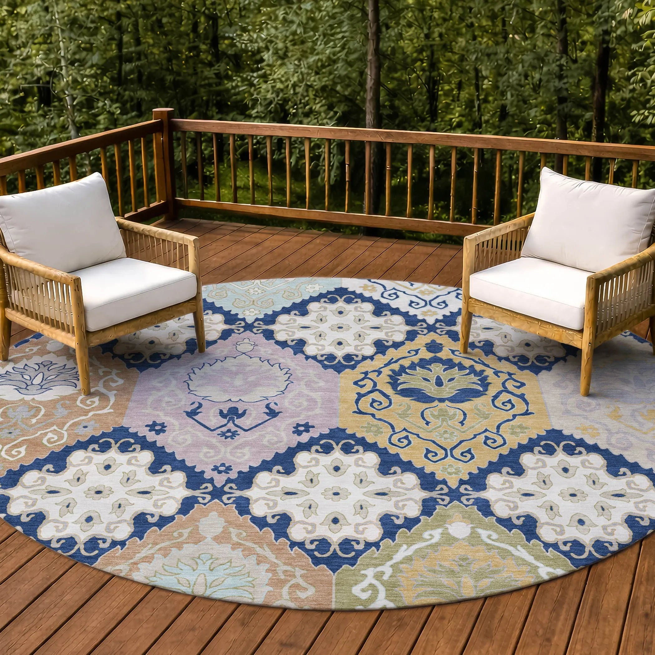 8' Navy Blue And Ivory Round Geometric Washable Indoor Outdoor Area Rug Homeroots Outdoor