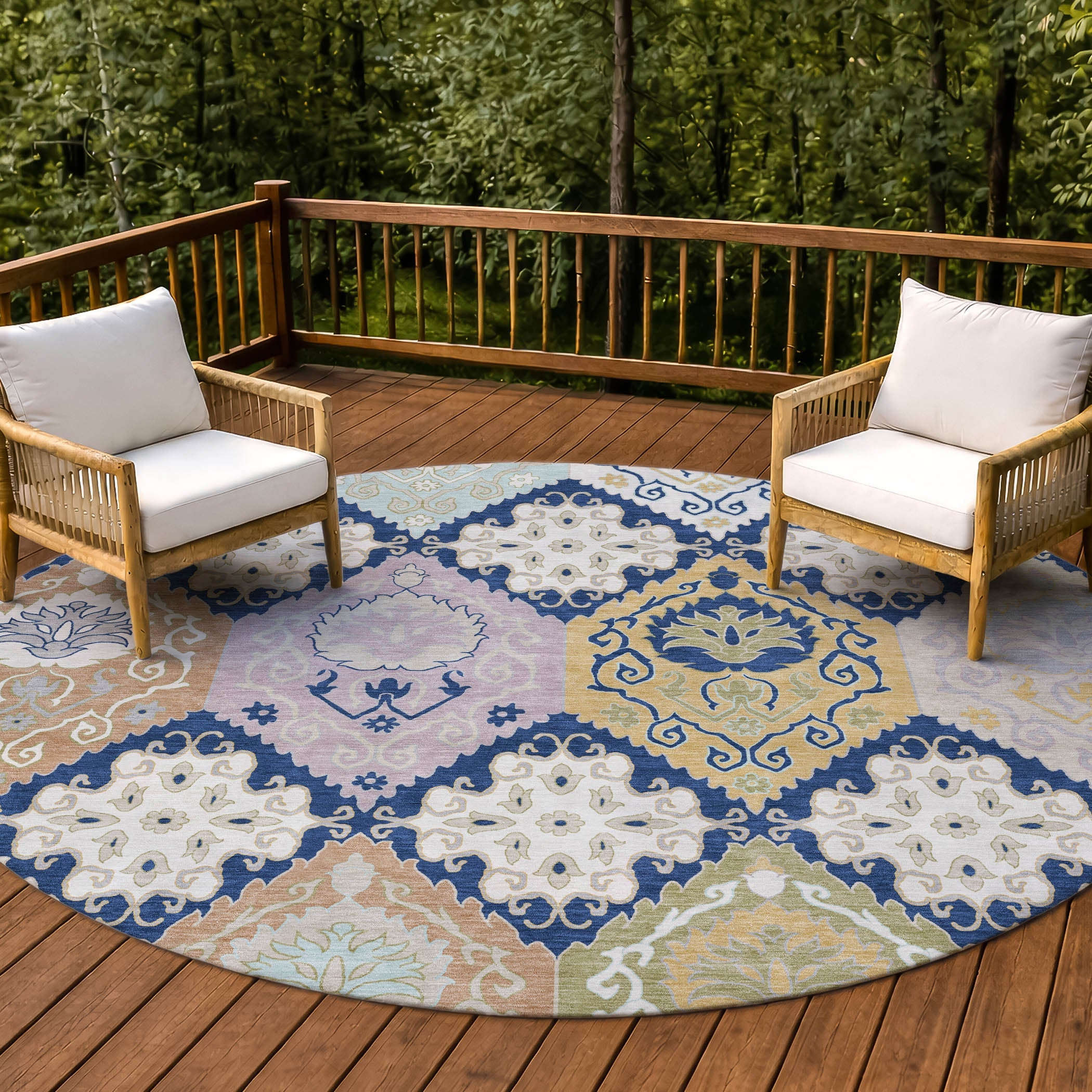 8' Navy Blue And Ivory Round Geometric Washable Indoor Outdoor Area Rug Homeroots Outdoor