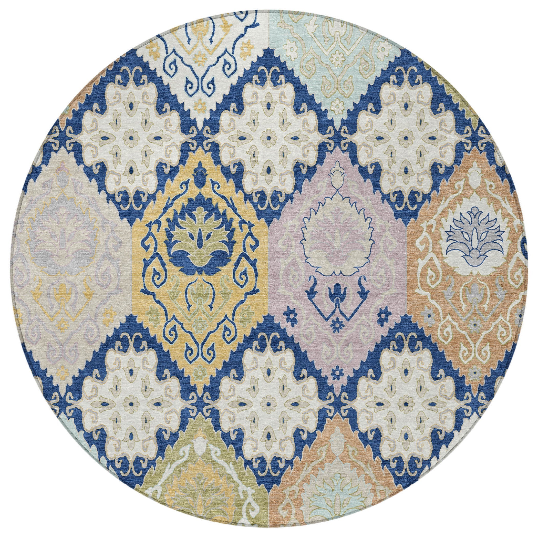 8' Navy Blue And Ivory Round Geometric Washable Indoor Outdoor Area Rug Homeroots Outdoor