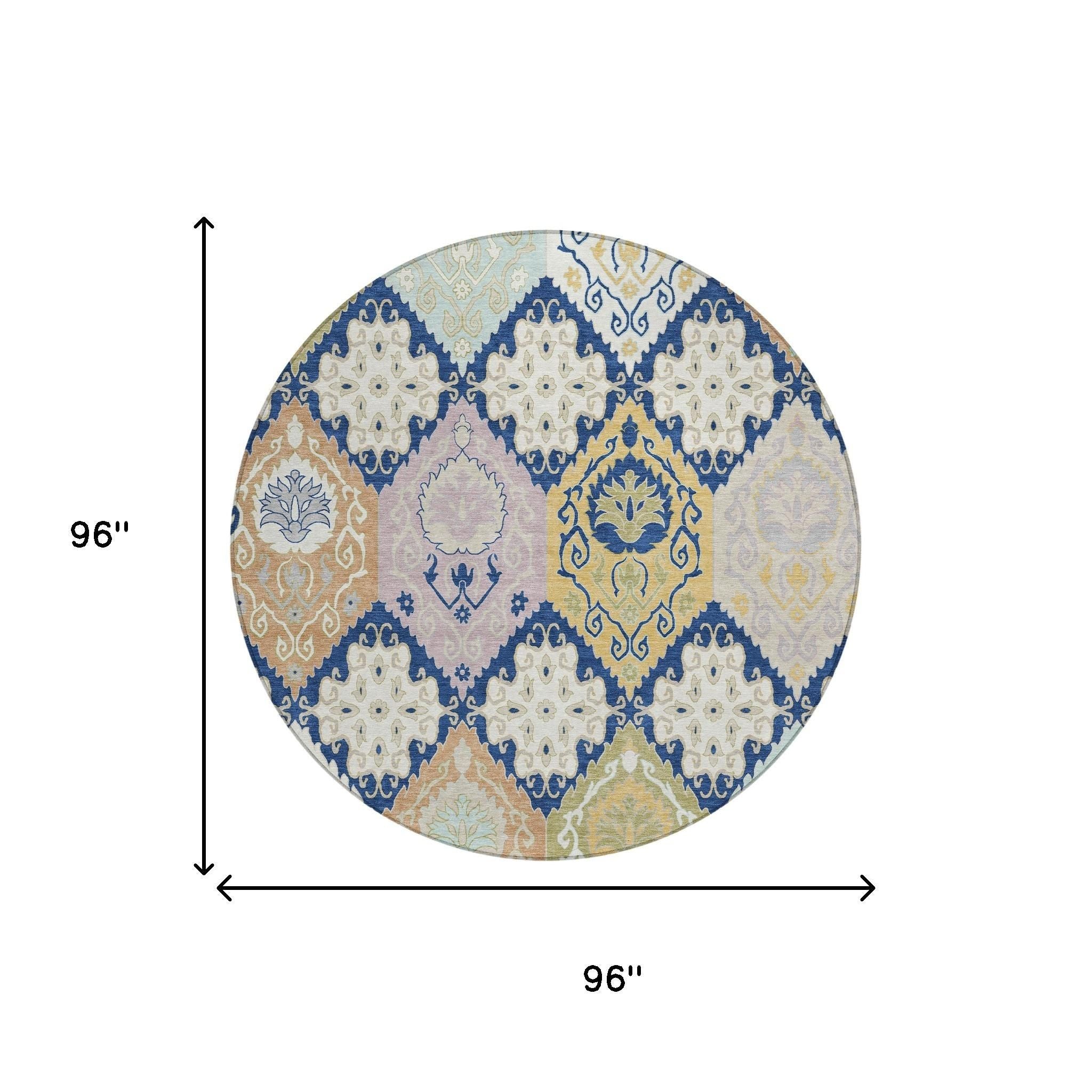 8' Navy Blue And Ivory Round Geometric Washable Indoor Outdoor Area Rug Homeroots Outdoor