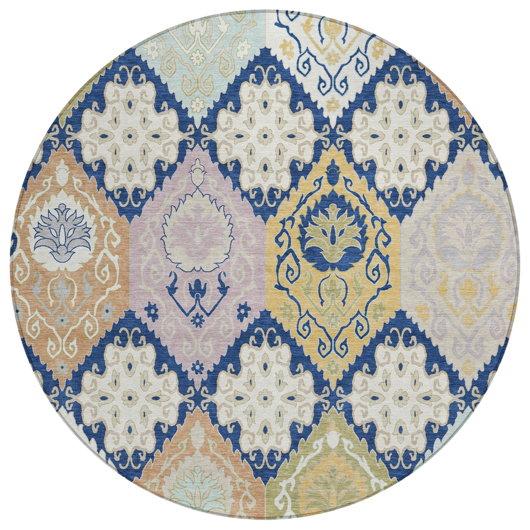 8' Navy Blue And Ivory Round Geometric Washable Indoor Outdoor Area Rug Homeroots Outdoor