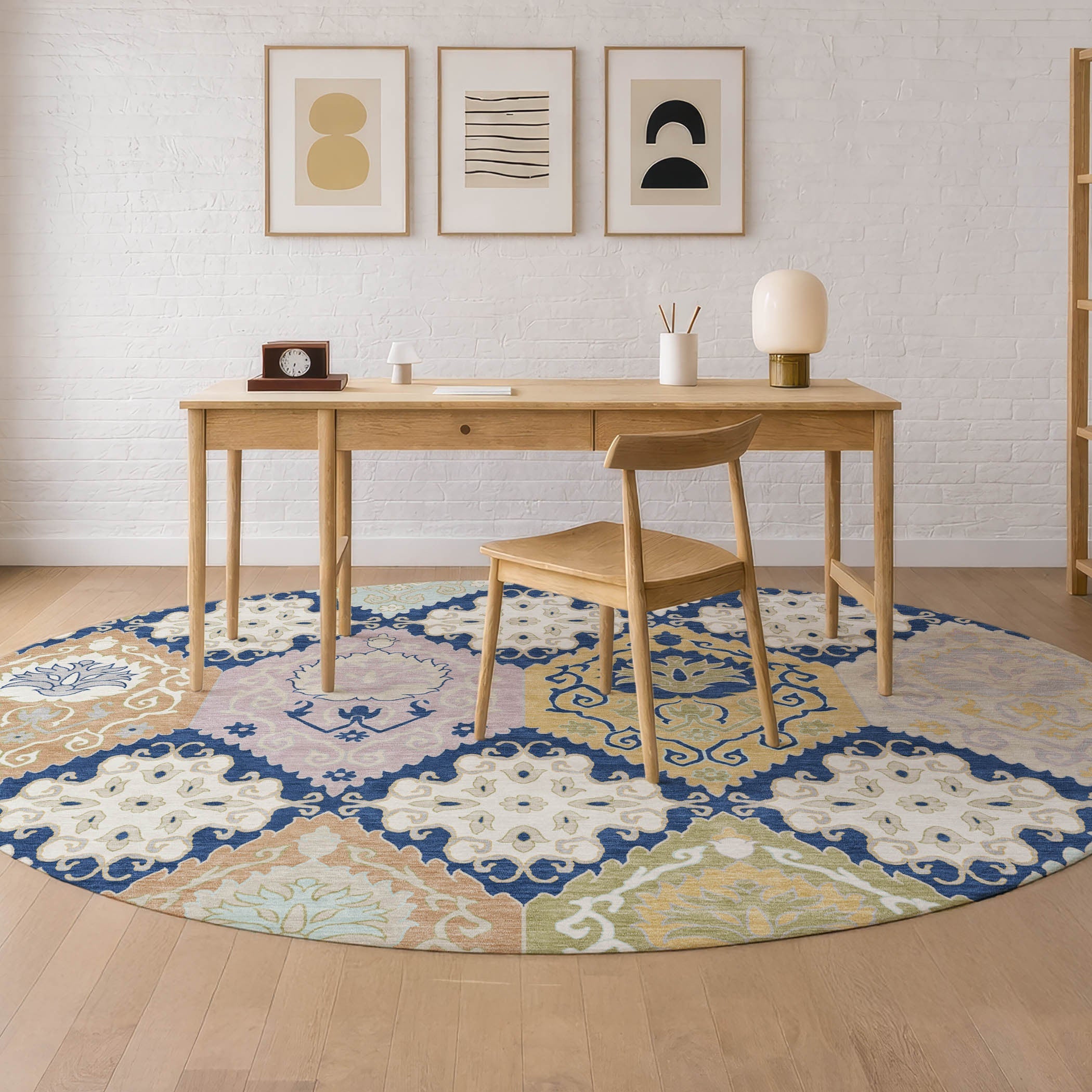 8' Navy Blue And Ivory Round Geometric Washable Indoor Outdoor Area Rug Homeroots Outdoor