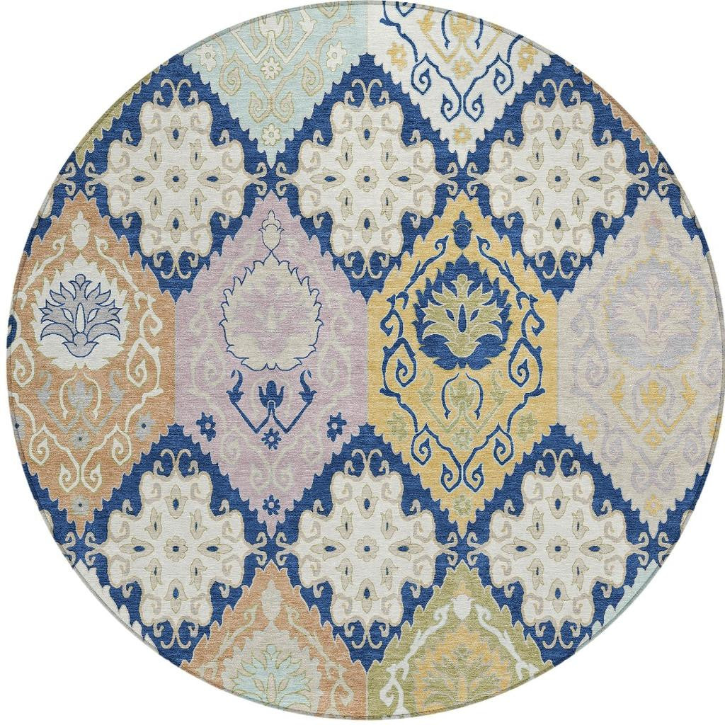 8' Navy Blue And Ivory Round Geometric Washable Indoor Outdoor Area Rug Homeroots Outdoor