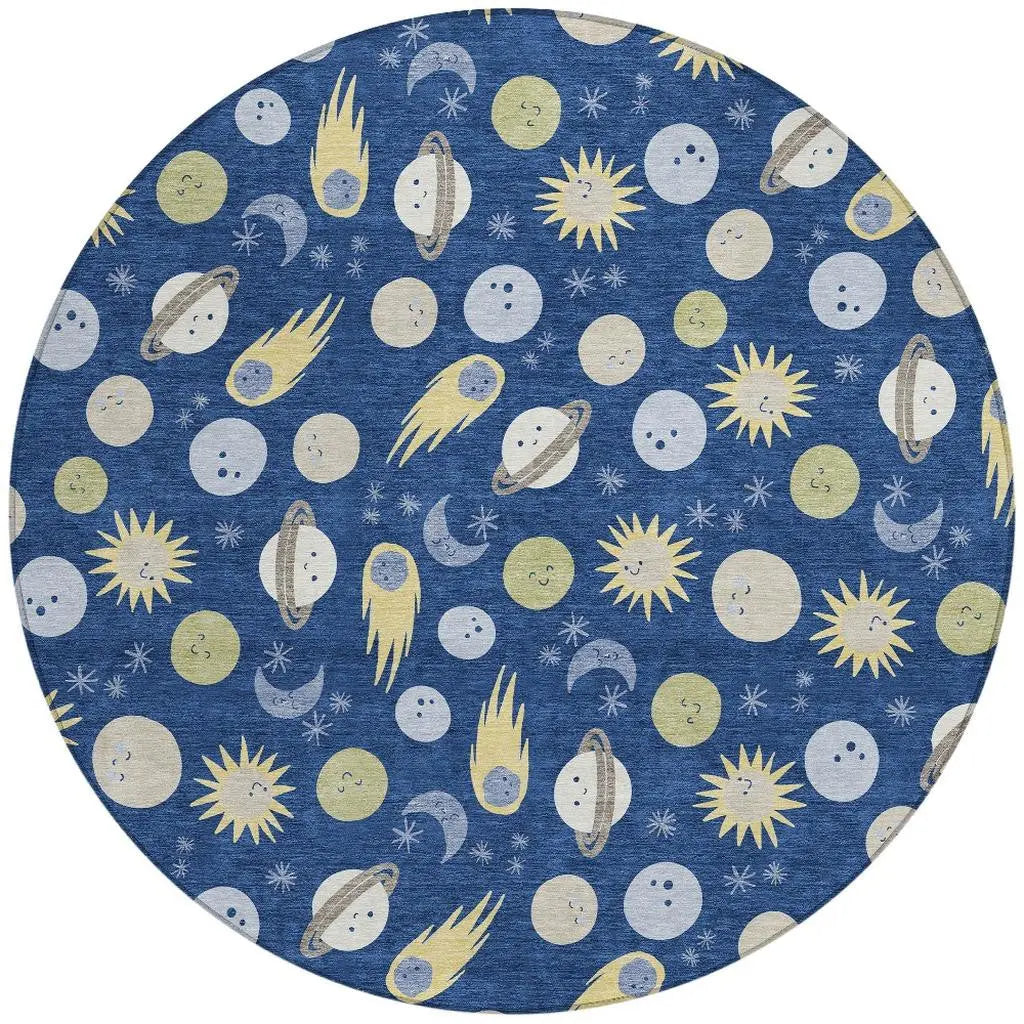 8' Navy Blue And Ivory Round Geometric Washable Indoor Outdoor Area Rug Homeroots Outdoor