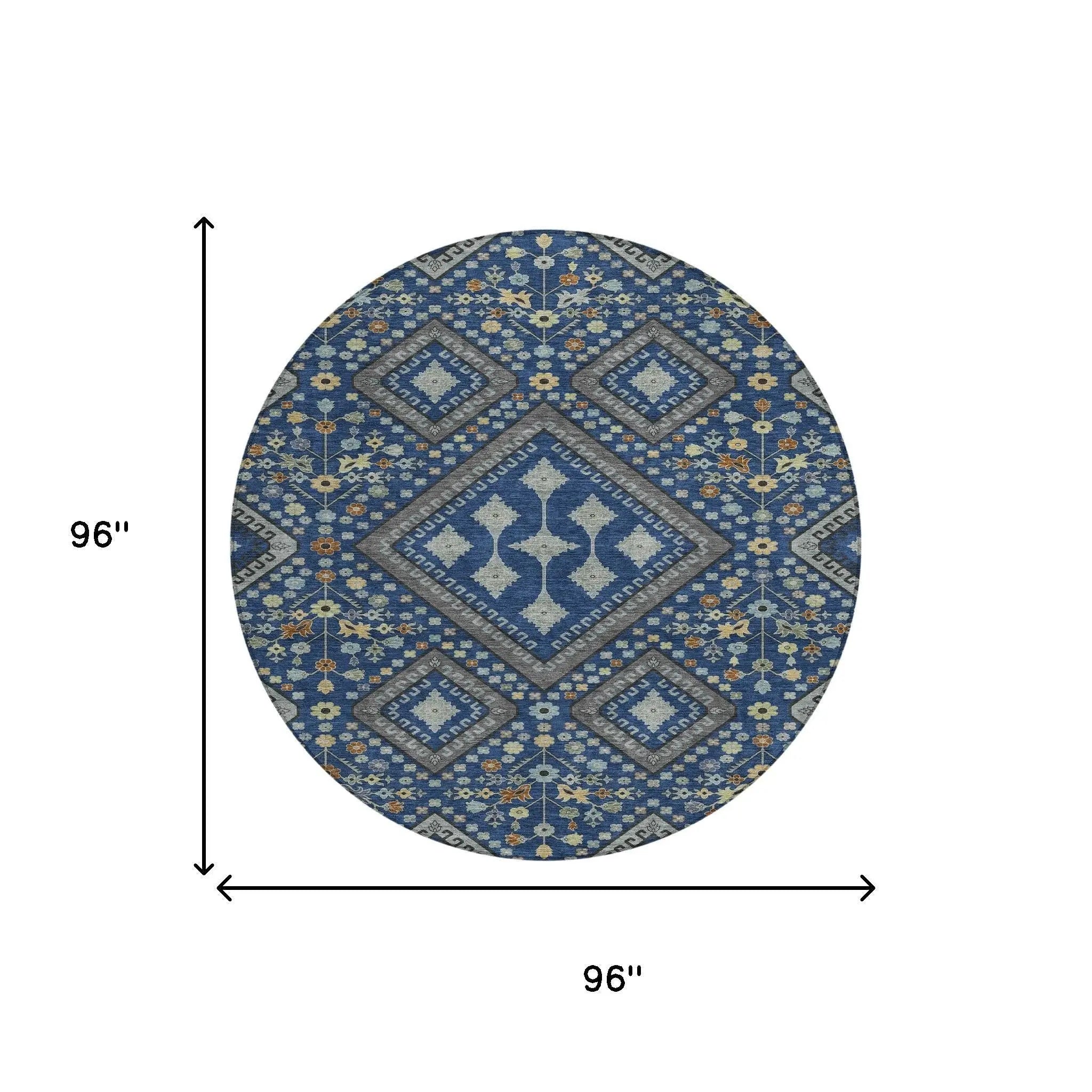 8' Navy Blue And Ivory Round Medallion Washable Indoor Outdoor Area Rug Homeroots Outdoor