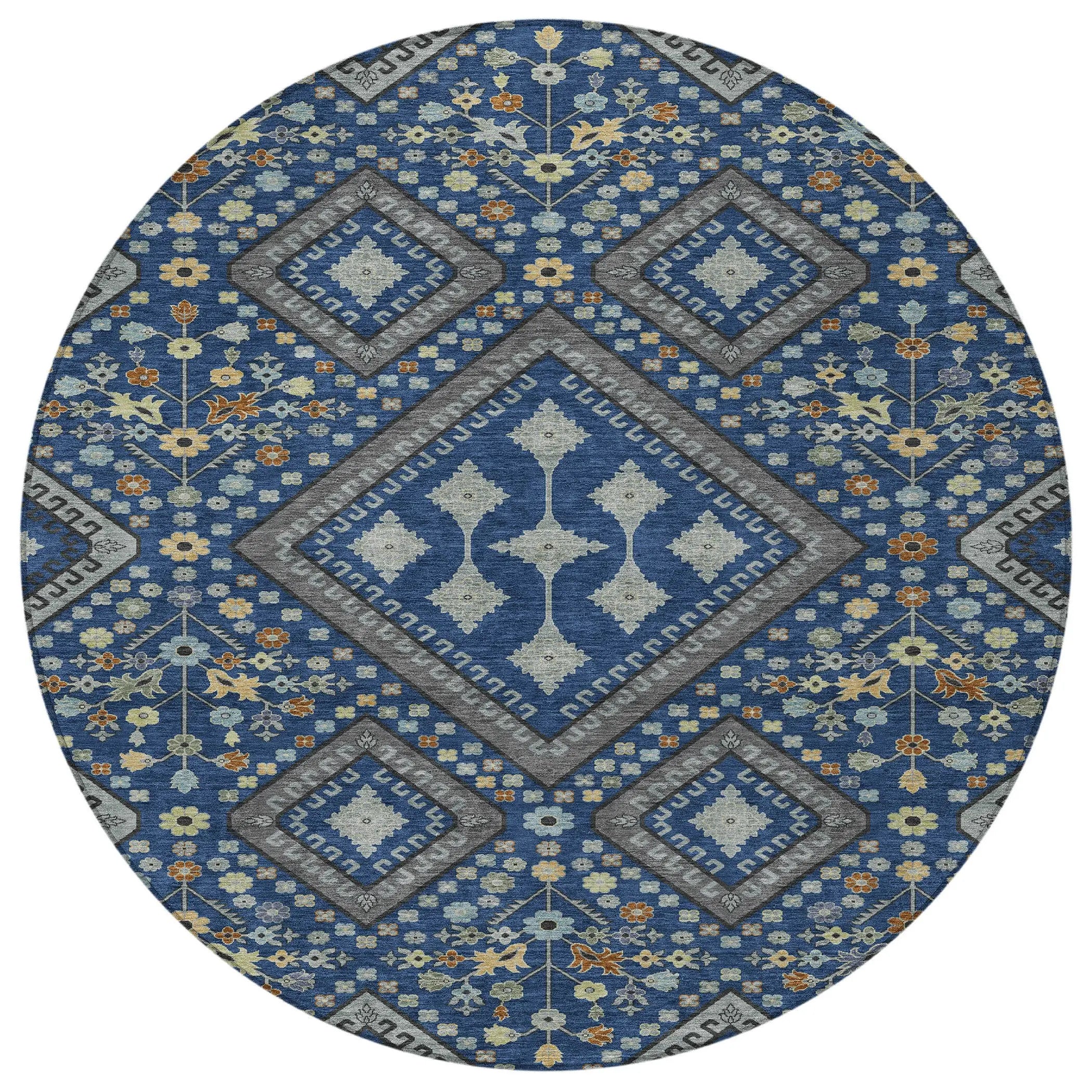 8' Navy Blue And Ivory Round Medallion Washable Indoor Outdoor Area Rug Homeroots Outdoor
