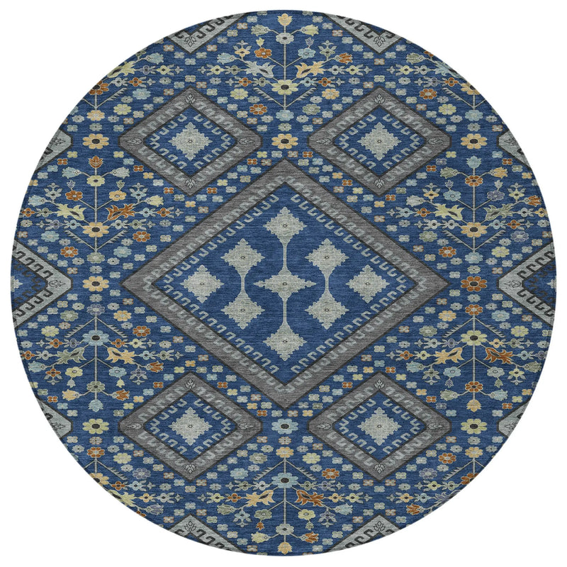 8' Navy Blue And Ivory Round Medallion Washable Indoor Outdoor Area Rug Homeroots Outdoor