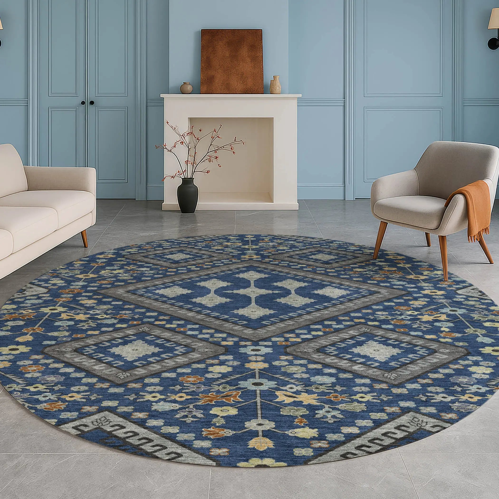 8' Navy Blue And Ivory Round Medallion Washable Indoor Outdoor Area Rug Homeroots Outdoor