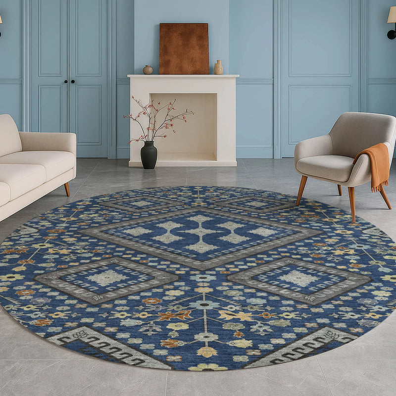 8' Navy Blue And Ivory Round Medallion Washable Indoor Outdoor Area Rug Homeroots Outdoor