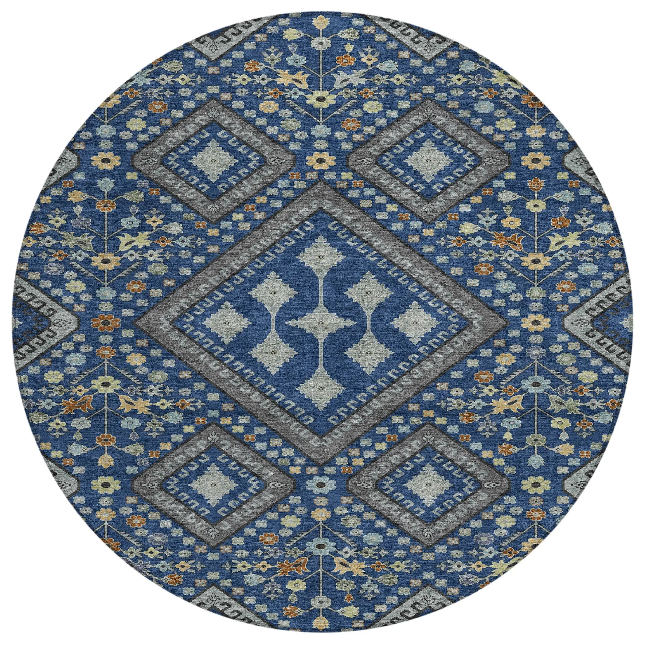 8' Navy Blue And Ivory Round Medallion Washable Indoor Outdoor Area Rug Homeroots Outdoor