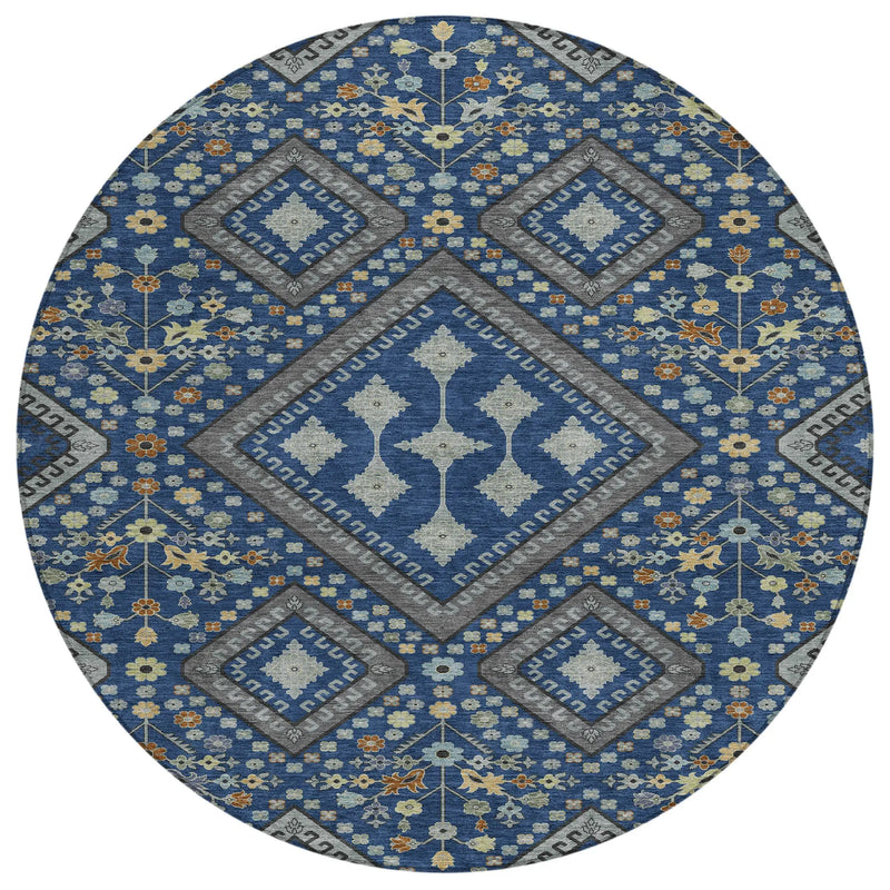 8' Navy Blue And Ivory Round Medallion Washable Indoor Outdoor Area Rug Homeroots Outdoor