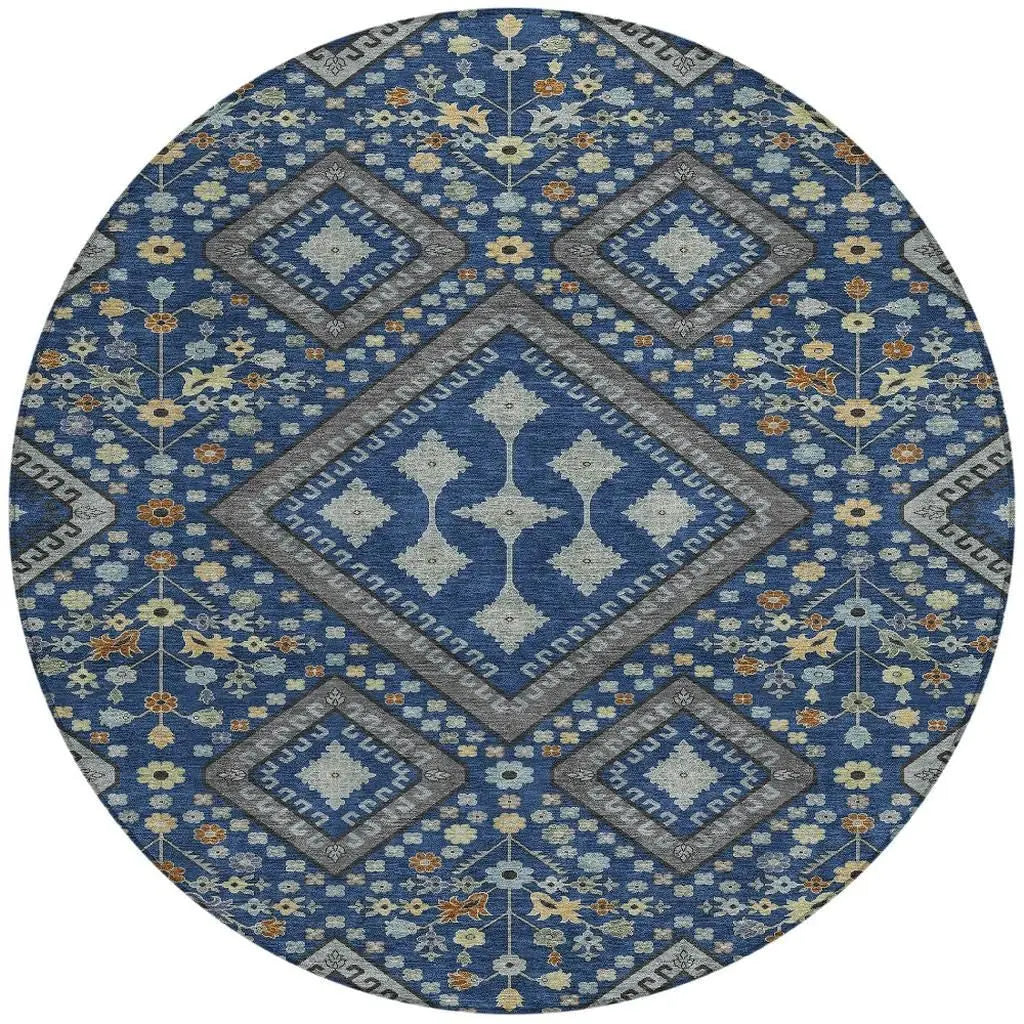 8' Navy Blue And Ivory Round Medallion Washable Indoor Outdoor Area Rug Homeroots Outdoor