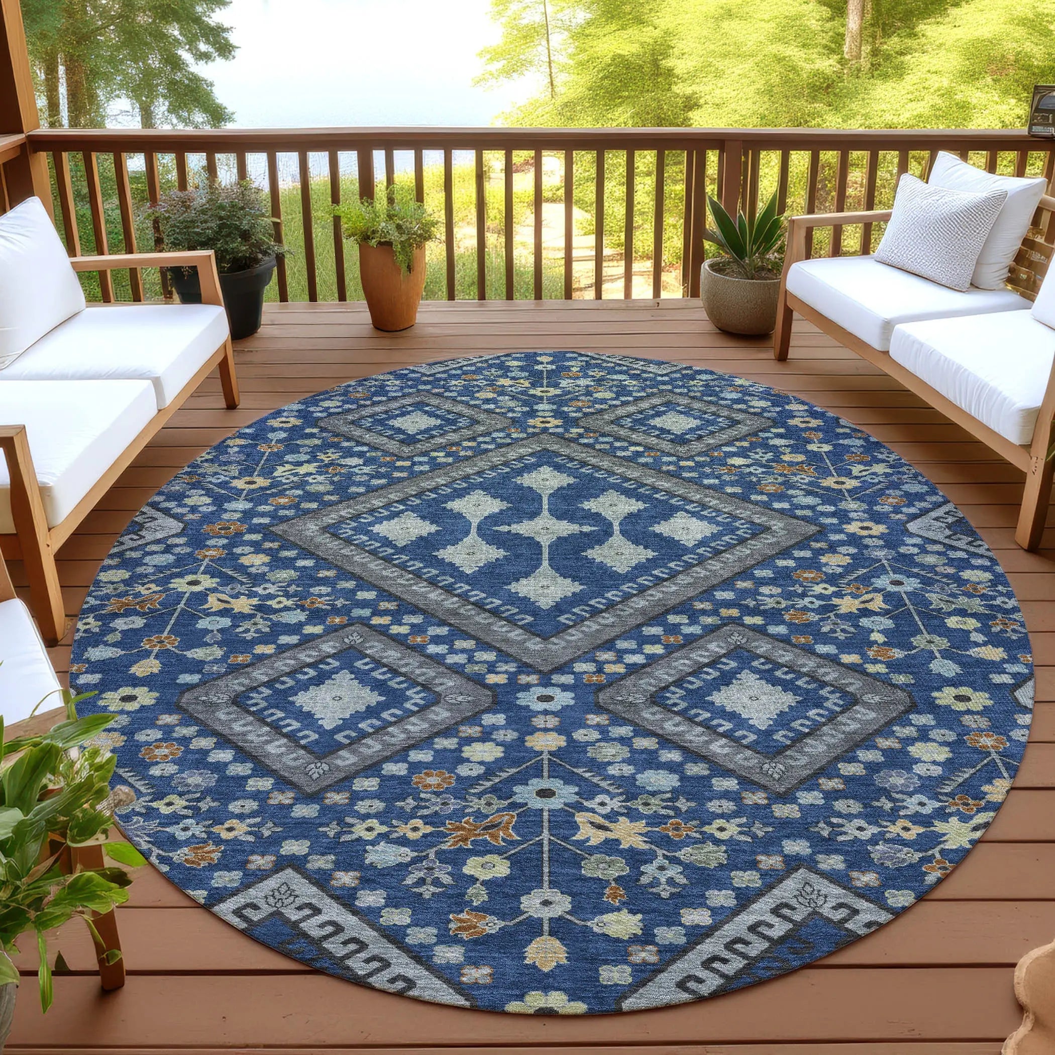 8' Navy Blue And Ivory Round Medallion Washable Indoor Outdoor Area Rug Homeroots Outdoor