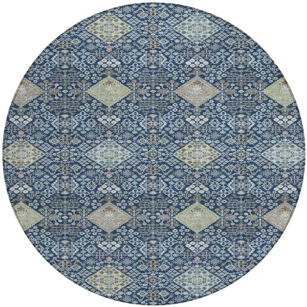 8' Navy Blue And Ivory Round Oriental Washable Indoor Outdoor Area Rug Homeroots Outdoor