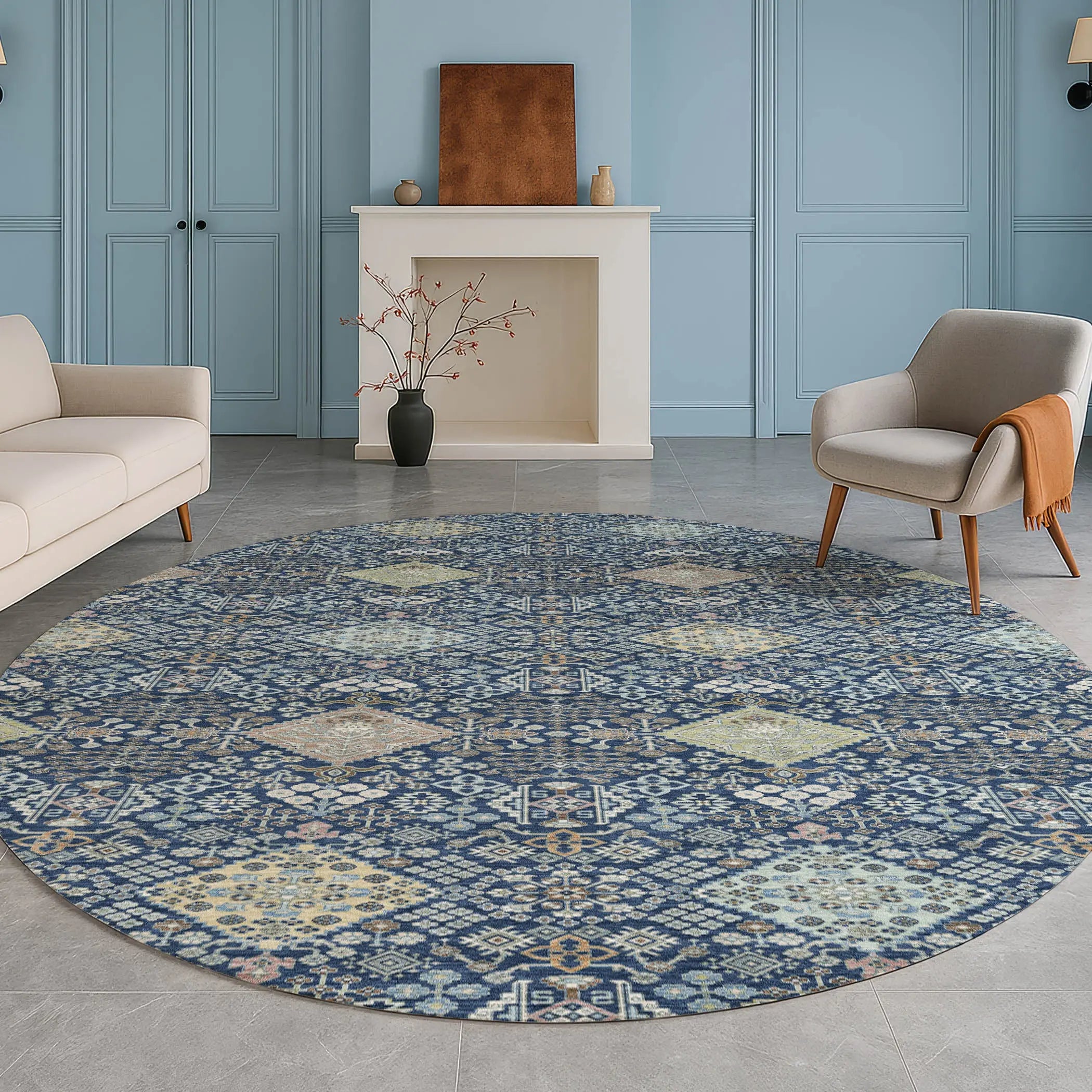 8' Navy Blue And Ivory Round Oriental Washable Indoor Outdoor Area Rug Homeroots Outdoor