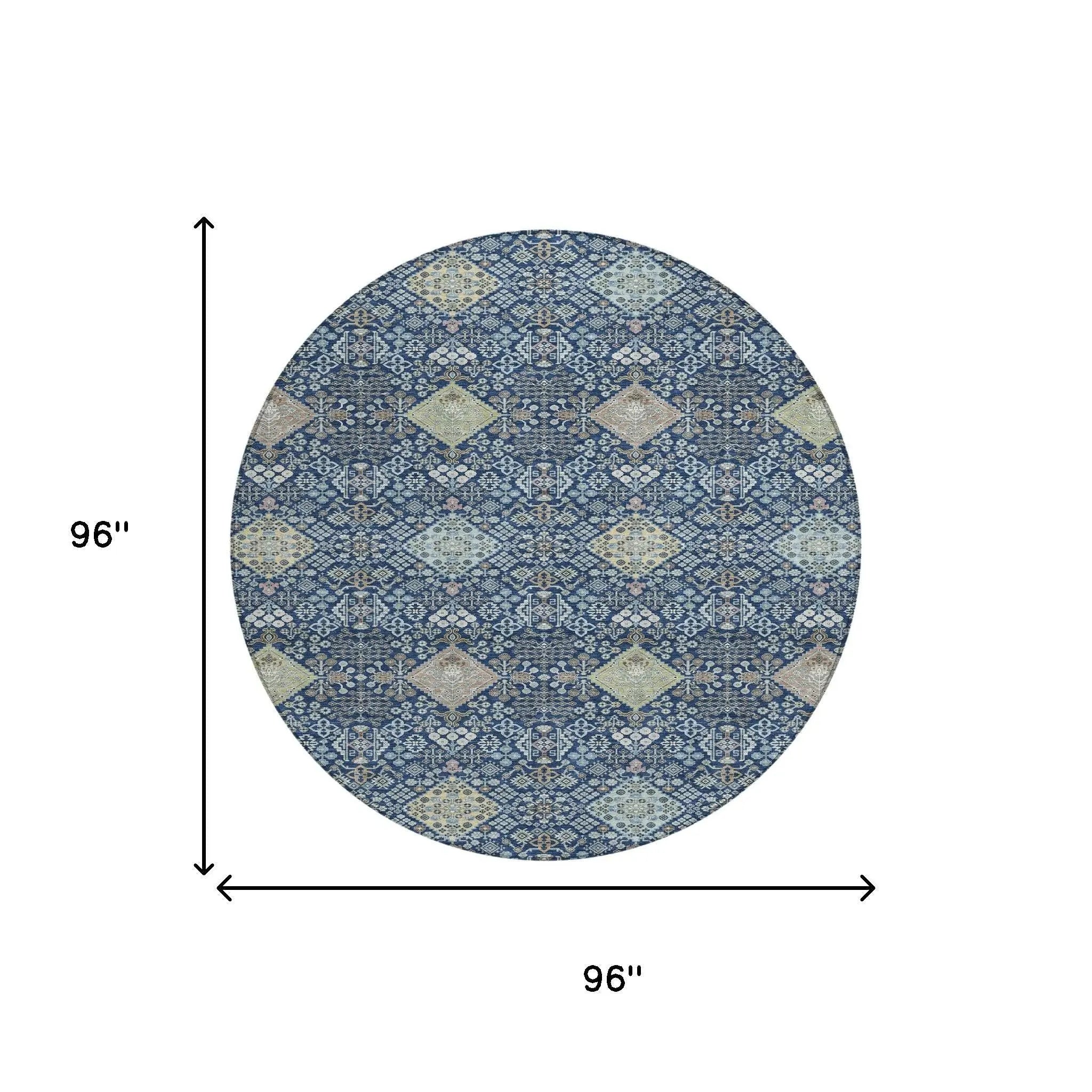 8' Navy Blue And Ivory Round Oriental Washable Indoor Outdoor Area Rug Homeroots Outdoor